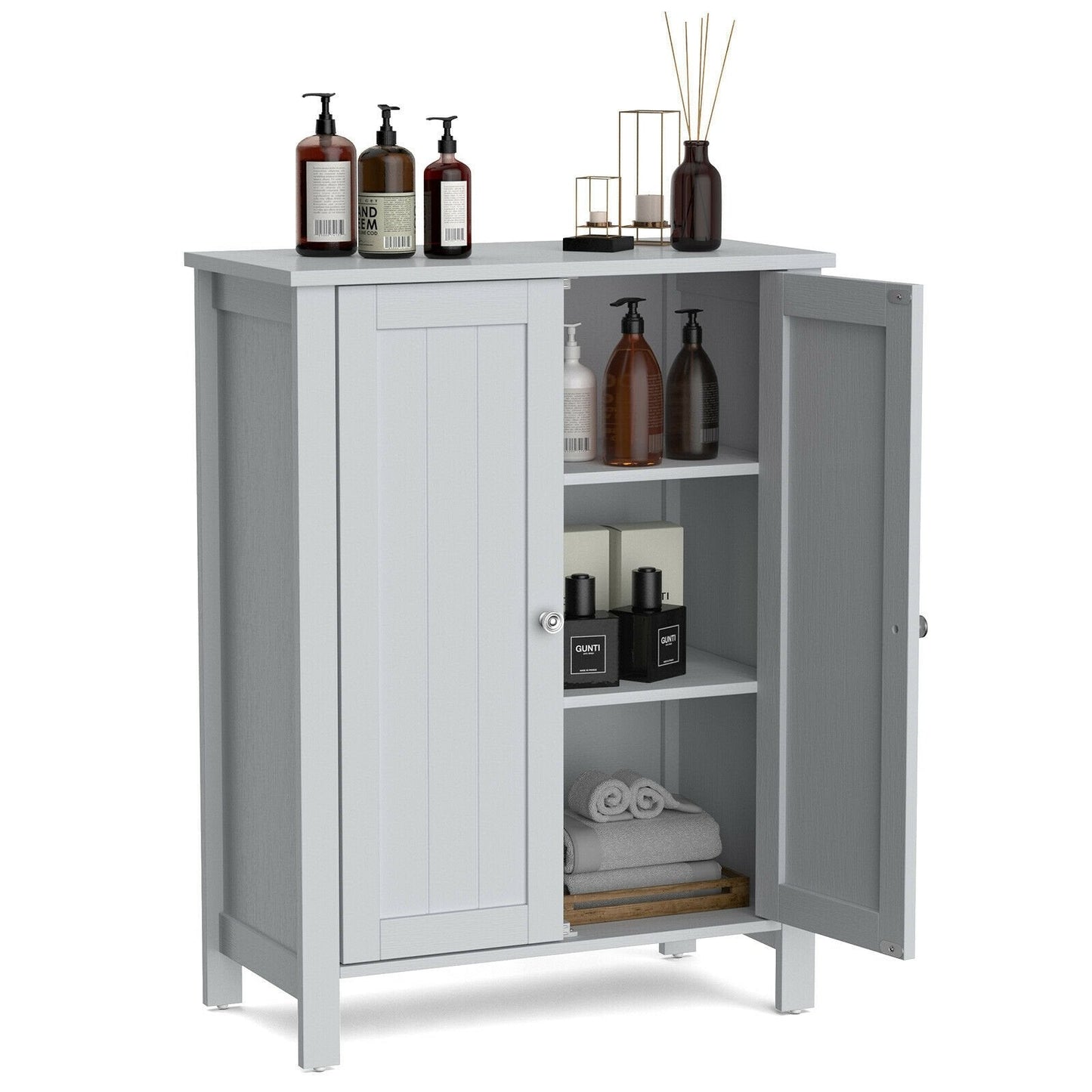 2-Door Bathroom Floor Storage Cabinet Space Saver Organizer, Gray Floor Cabinets   at Gallery Canada