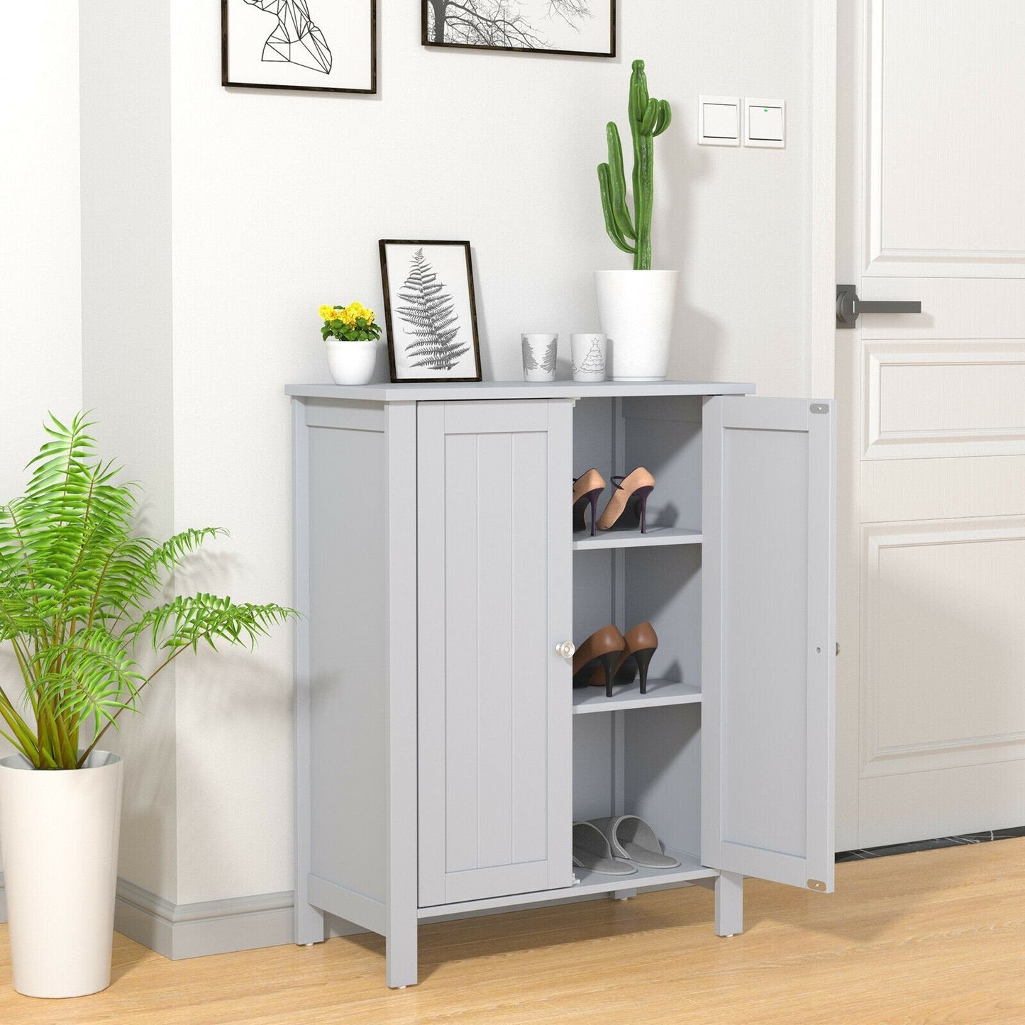 2-Door Bathroom Floor Storage Cabinet Space Saver Organizer, Gray Floor Cabinets   at Gallery Canada