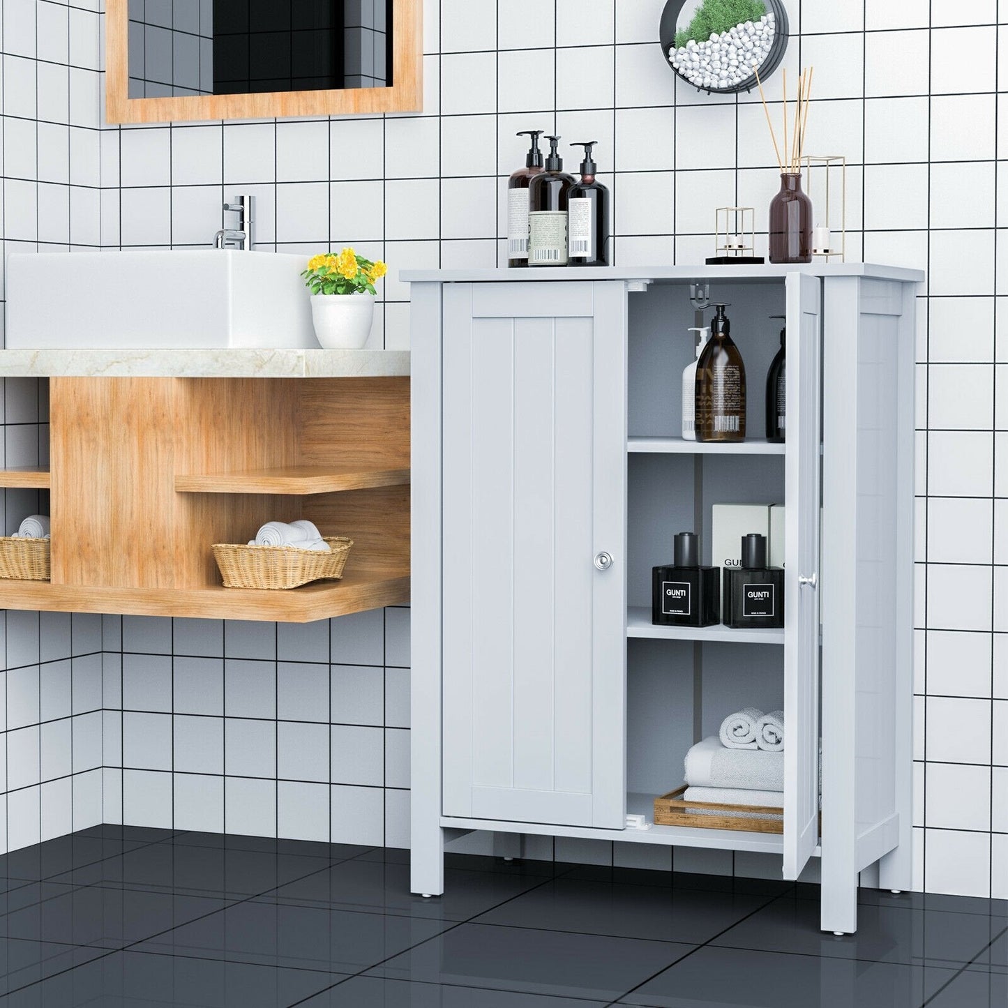 2-Door Bathroom Floor Storage Cabinet Space Saver Organizer, Gray Floor Cabinets   at Gallery Canada