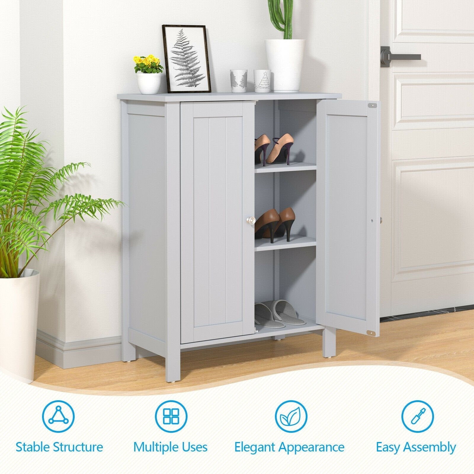 2-Door Bathroom Floor Storage Cabinet Space Saver Organizer, Gray Floor Cabinets   at Gallery Canada