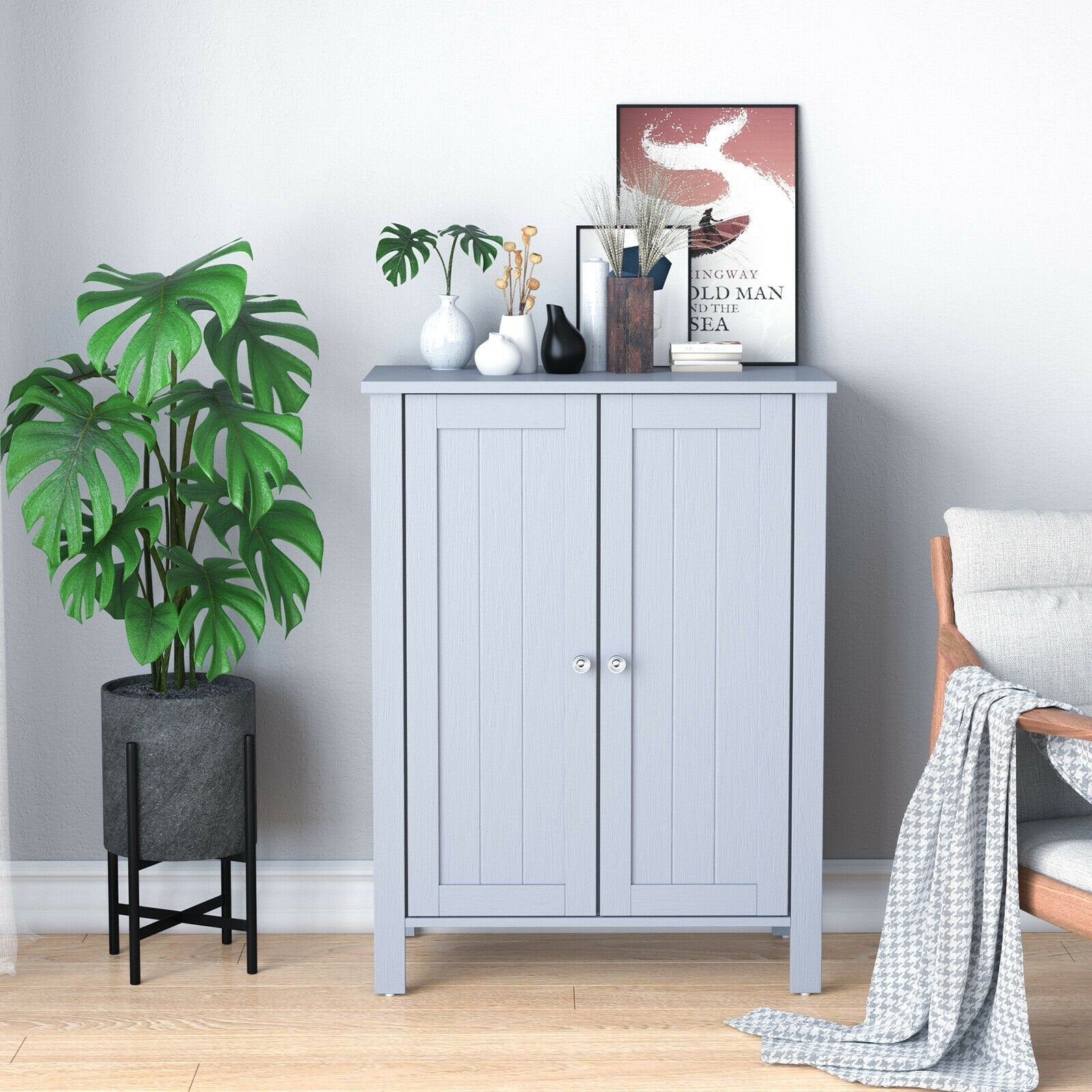 2-Door Bathroom Floor Storage Cabinet Space Saver Organizer, Gray Floor Cabinets   at Gallery Canada