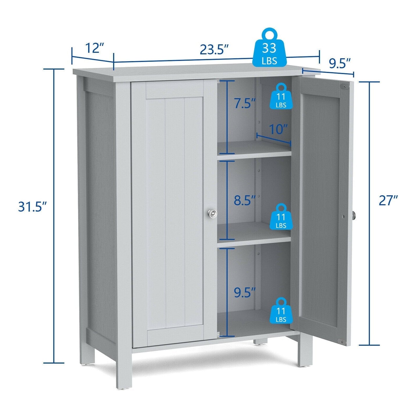 2-Door Bathroom Floor Storage Cabinet Space Saver Organizer, Gray Floor Cabinets   at Gallery Canada