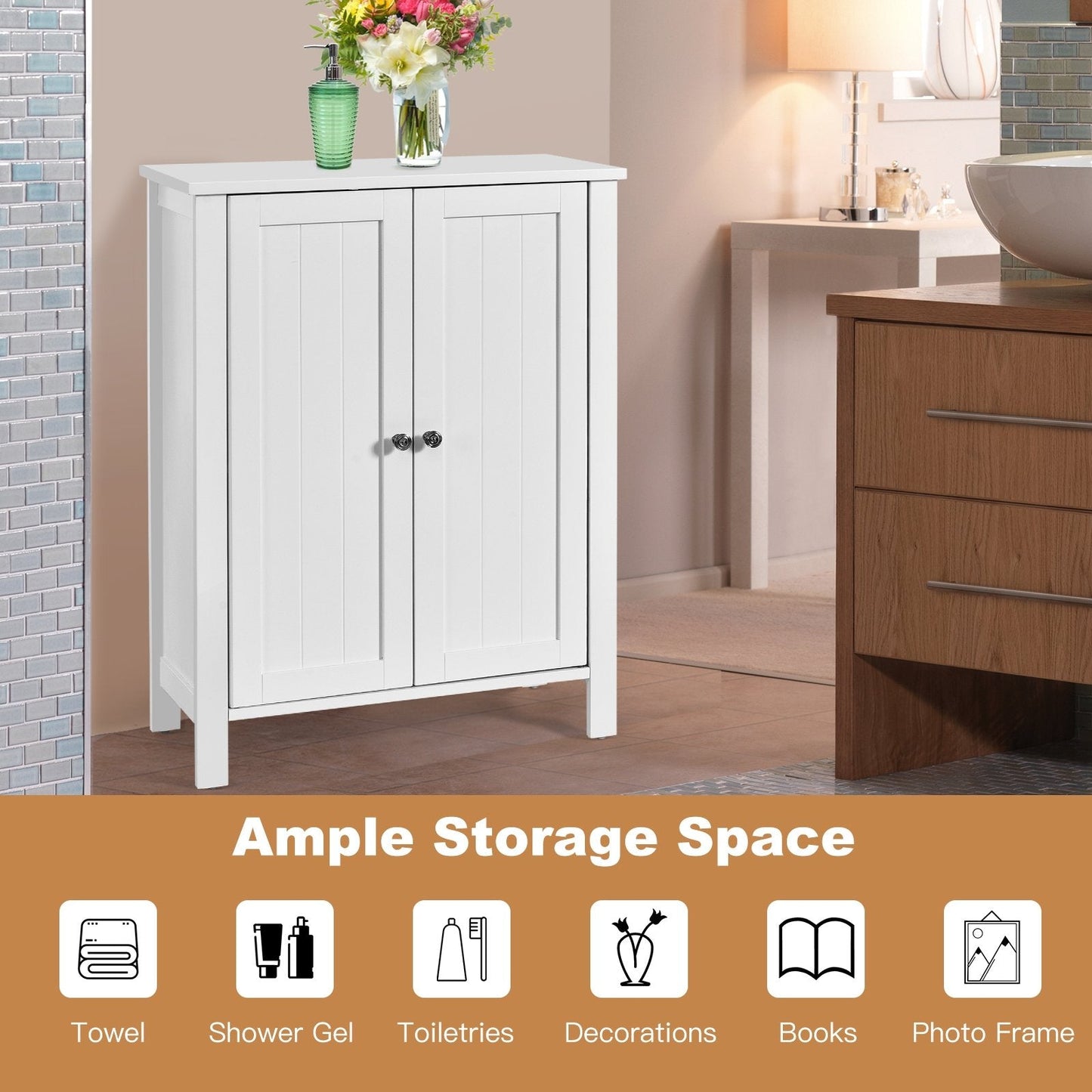 2-Door Bathroom Floor Storage Cabinet with Adjustable Shelf, White Floor Cabinets   at Gallery Canada