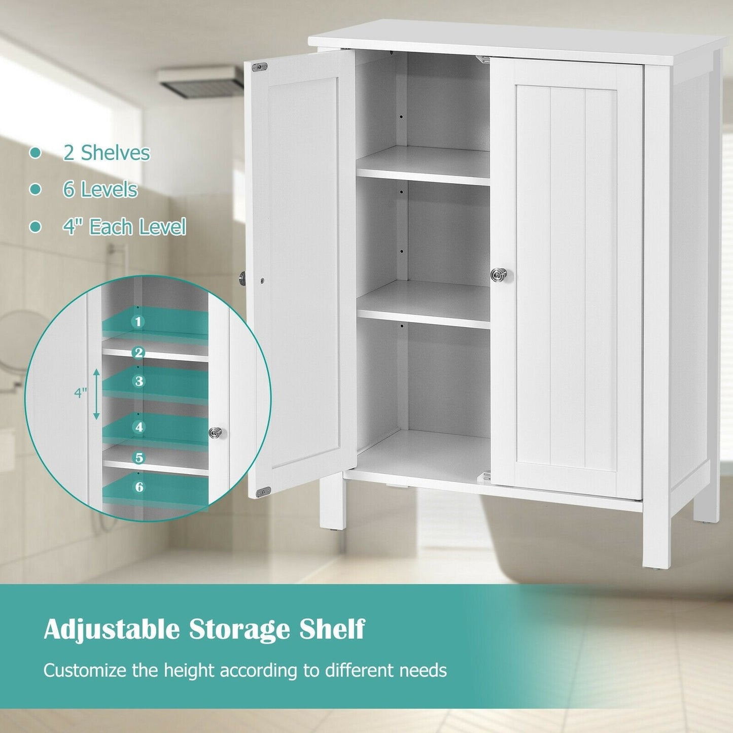 2-Door Bathroom Floor Storage Cabinet with Adjustable Shelf, White Floor Cabinets   at Gallery Canada