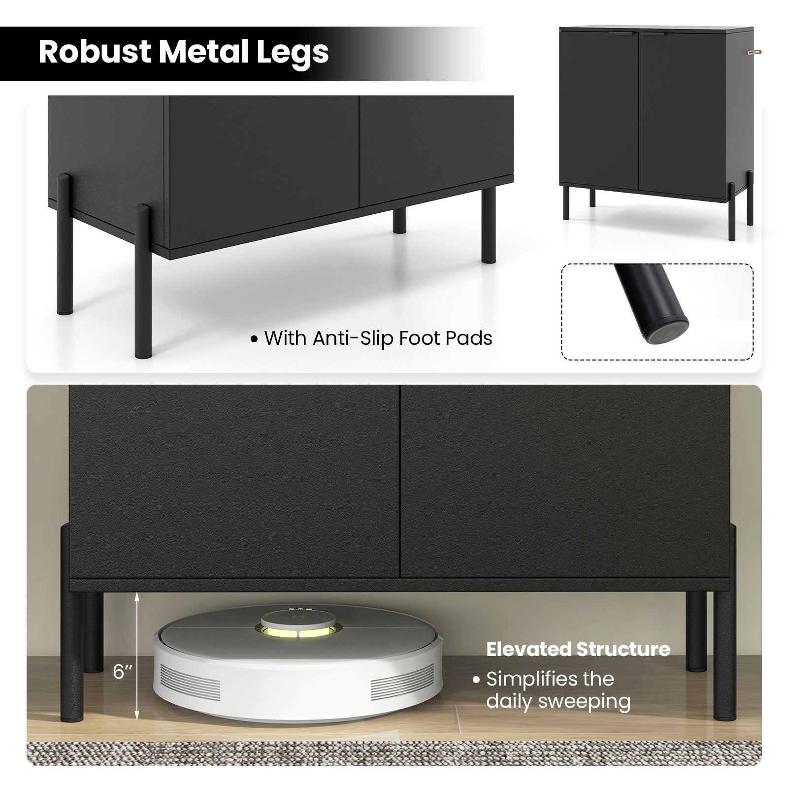 2-Door Buffet Cabinet Sideboard with Shelf and Metal Legs, Black Sideboards Cabinets & Buffets   at Gallery Canada