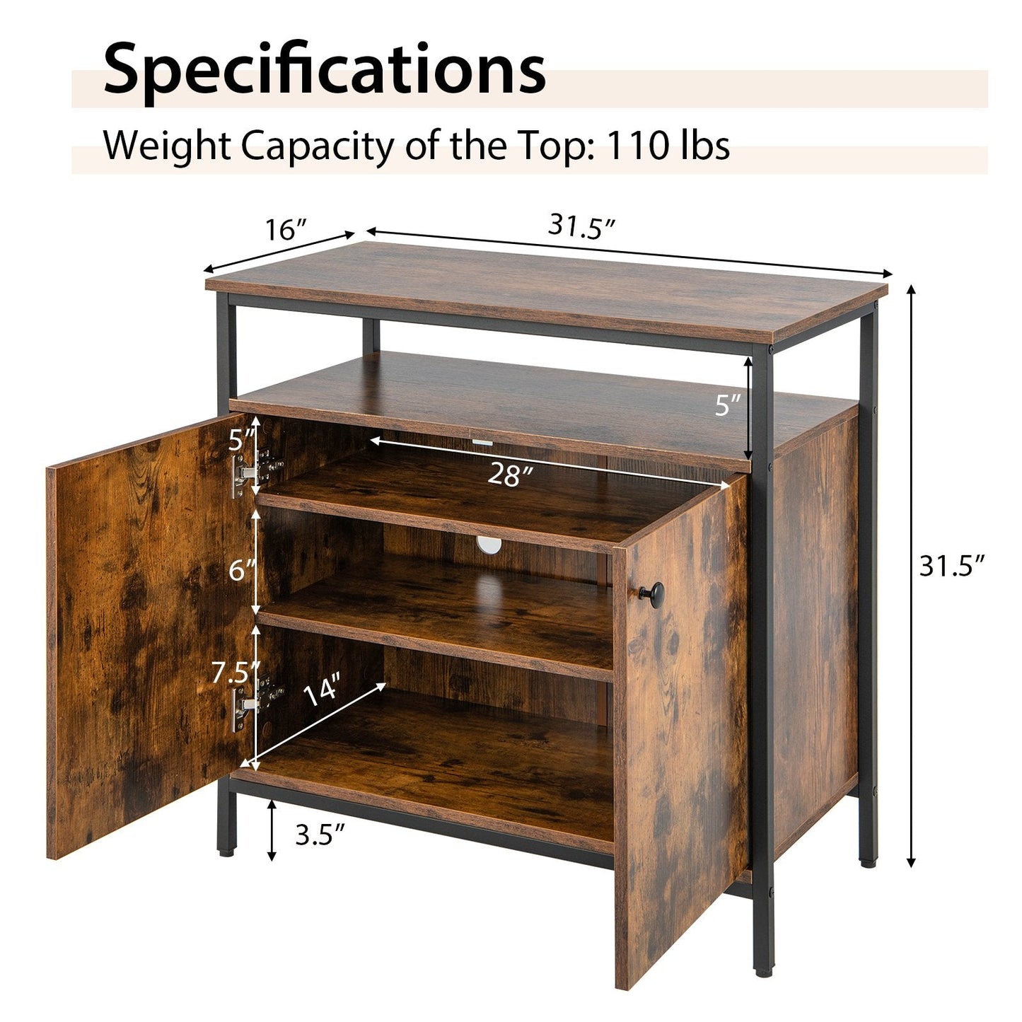 2-Door Buffet Cabinet with Shelves and Cable Management Holes, Rustic Brown Sideboards Cabinets & Buffets   at Gallery Canada