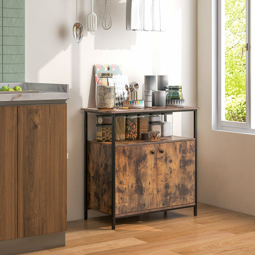 2-Door Buffet Cabinet with Shelves and Cable Management Holes, Rustic Brown