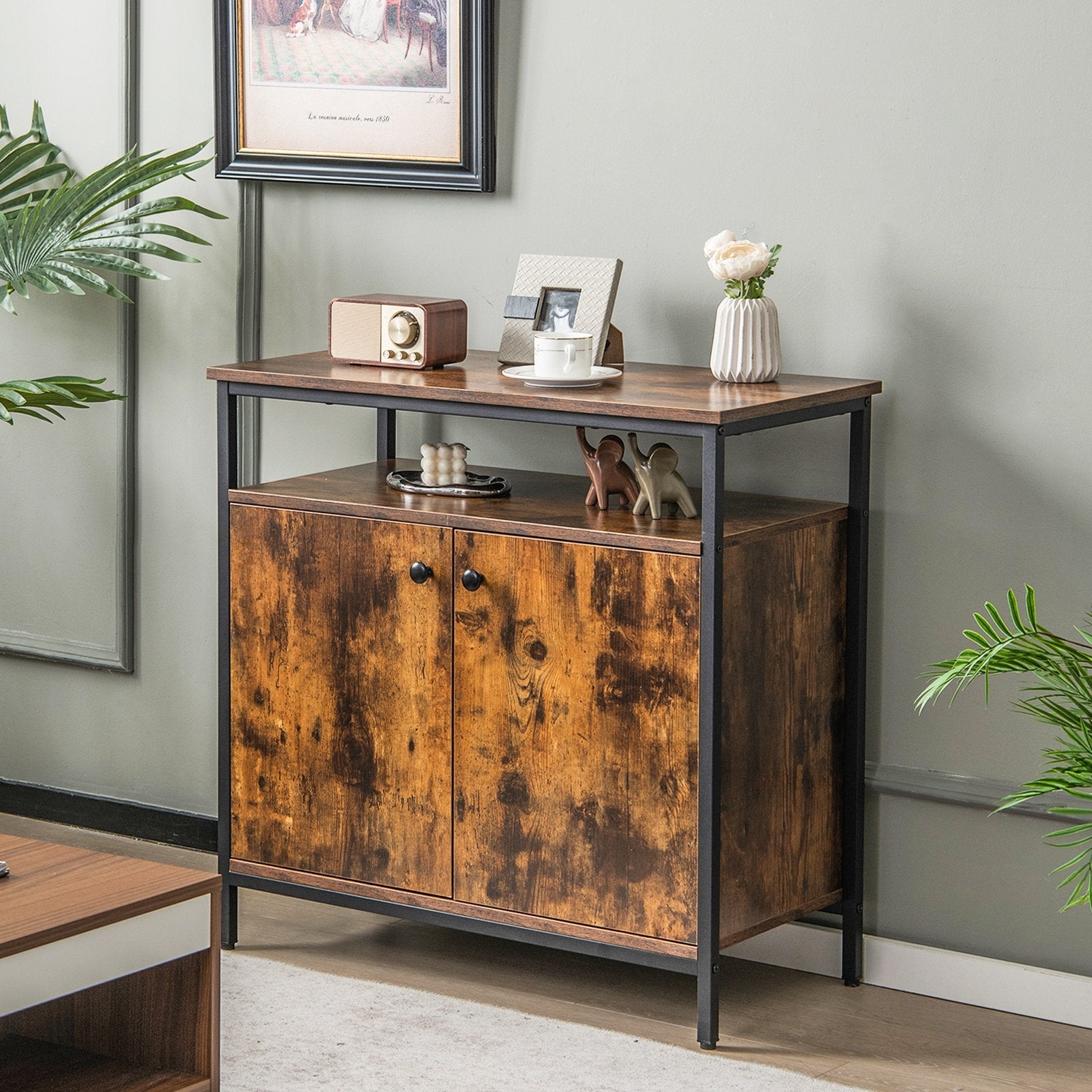 2-Door Buffet Cabinet with Shelves and Cable Management Holes, Rustic Brown Sideboards Cabinets & Buffets   at Gallery Canada