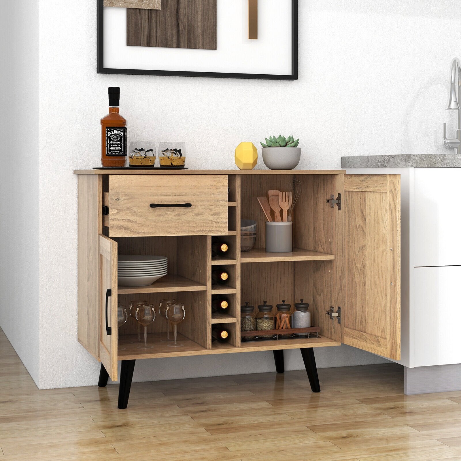 2-Door Buffet Sideboard with 6-Bottle Wine Rack Drawer, Natural Sideboards Cabinets & Buffets   at Gallery Canada