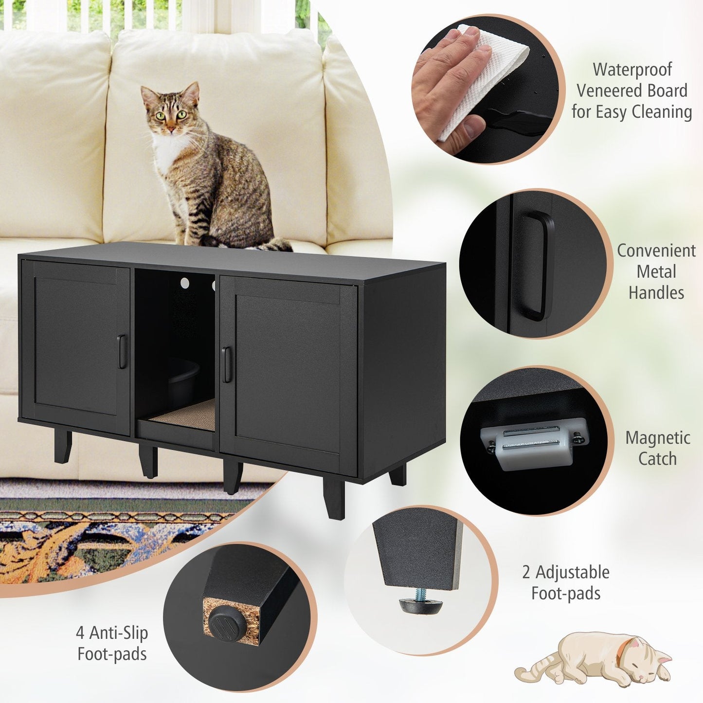 2-Door Cat Litter Box Enclosure with Winding Entry and Scratching Board, Black Cat Houses   at Gallery Canada