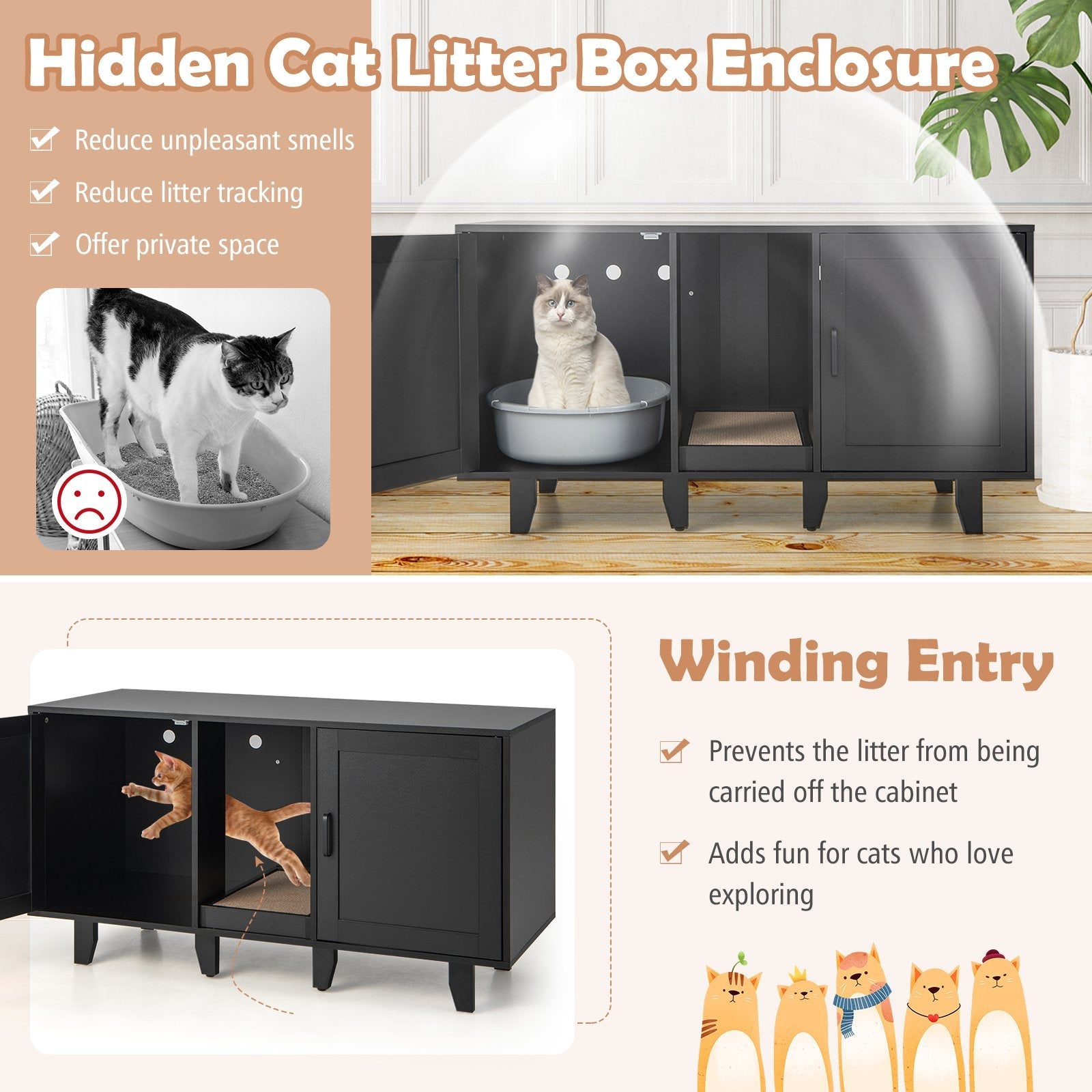 2-Door Cat Litter Box Enclosure with Winding Entry and Scratching Board, Black Cat Houses   at Gallery Canada