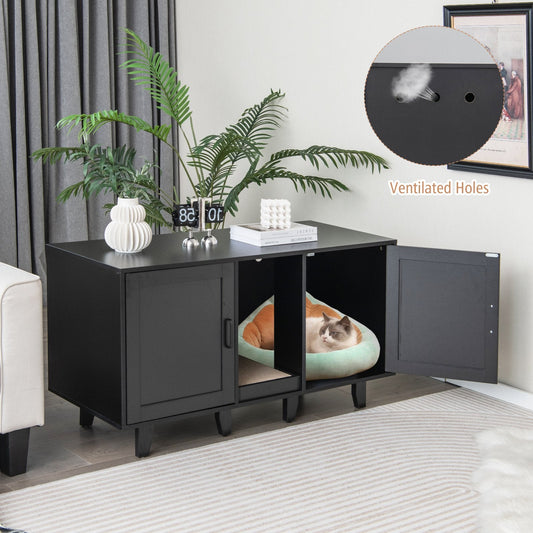 2-Door Cat Litter Box Enclosure with Winding Entry and Scratching Board, Black Cat Houses   at Gallery Canada