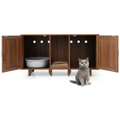 2-Door Cat Litter Box Enclosure with Winding Entry and Scratching Board, Brown Cat Houses   at Gallery Canada