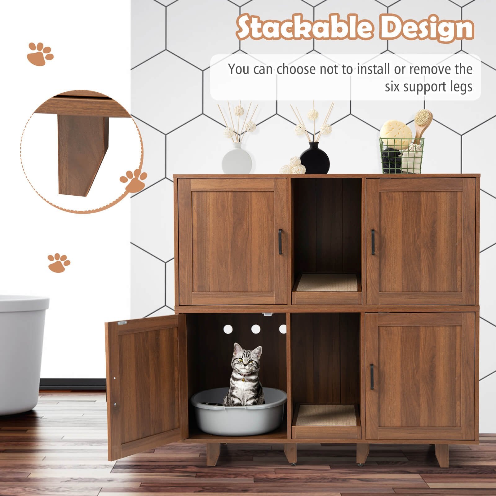 2-Door Cat Litter Box Enclosure with Winding Entry and Scratching Board, Brown Cat Houses   at Gallery Canada