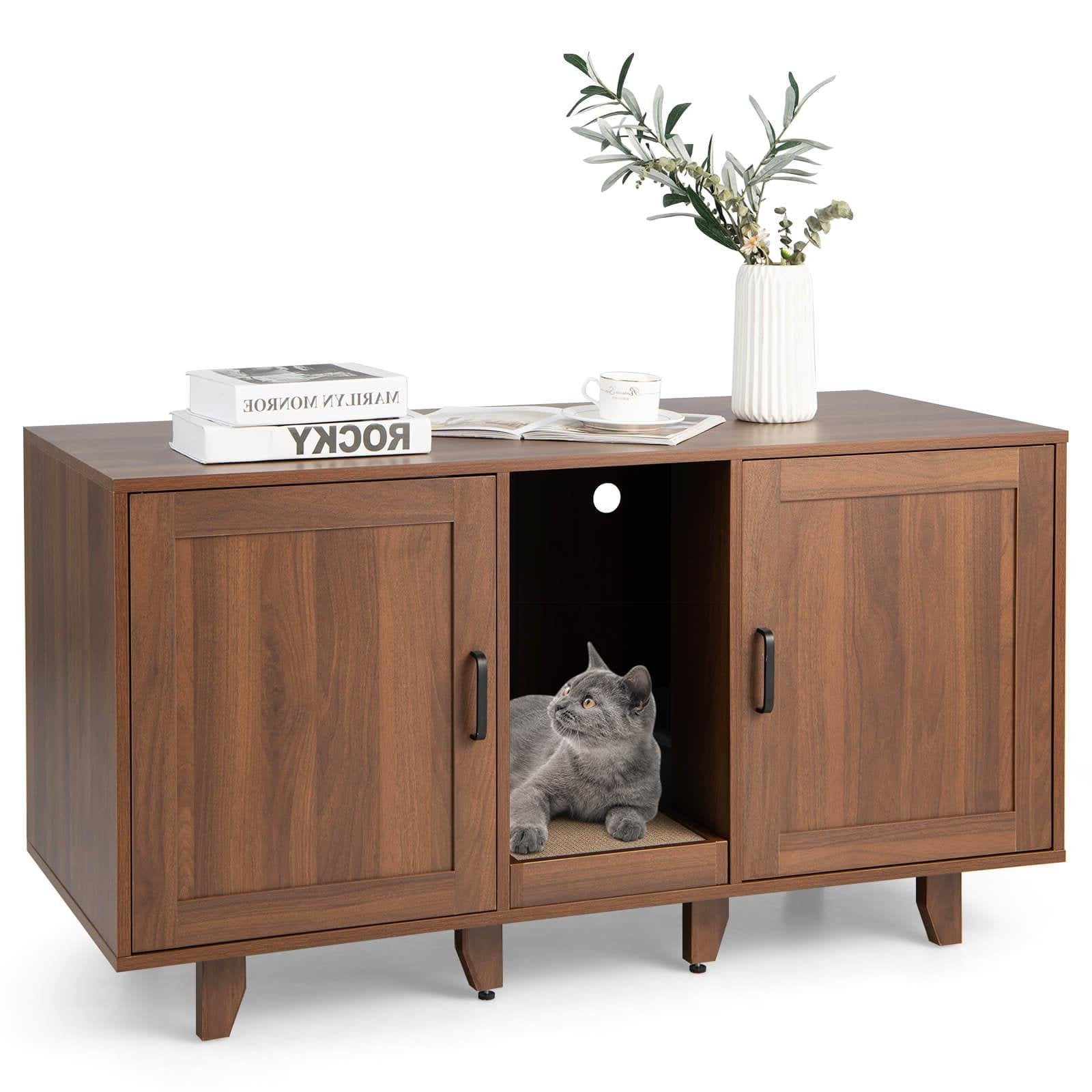 2-Door Cat Litter Box Enclosure with Winding Entry and Scratching Board, Brown Cat Houses   at Gallery Canada