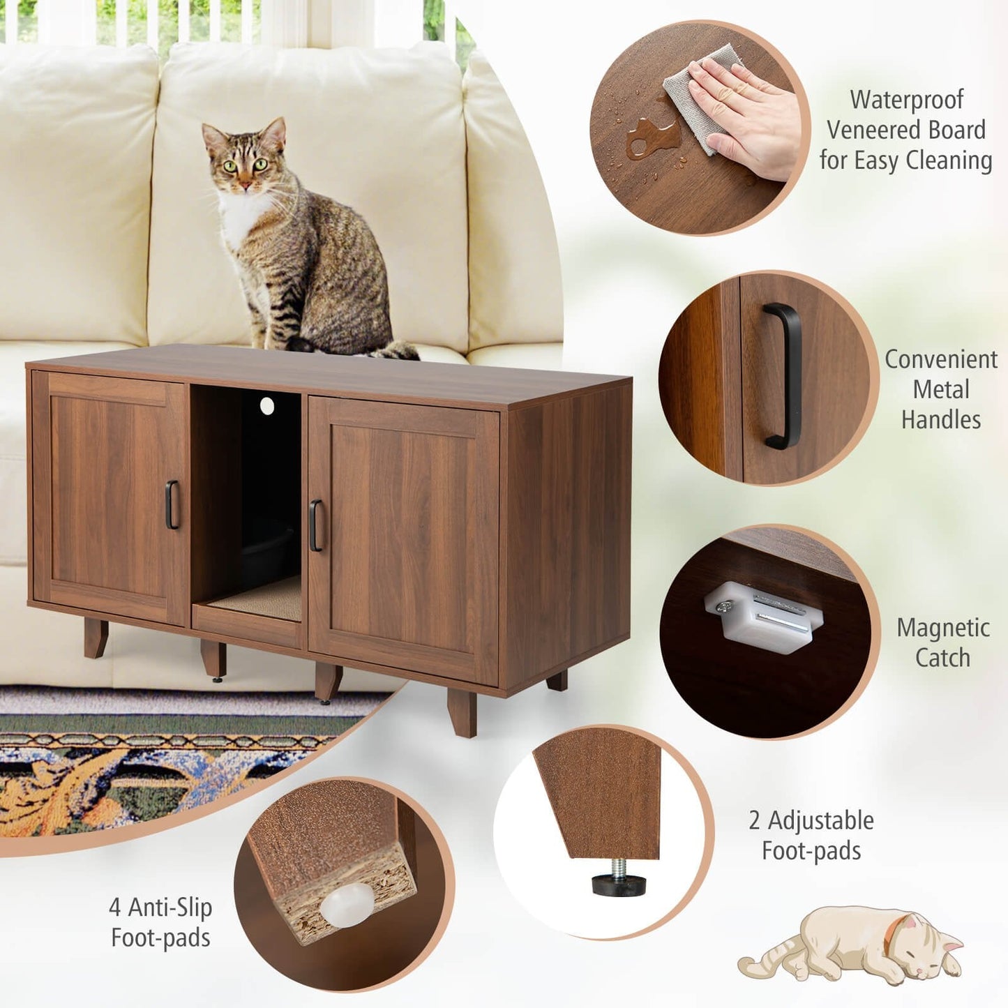 2-Door Cat Litter Box Enclosure with Winding Entry and Scratching Board, Brown Cat Houses   at Gallery Canada