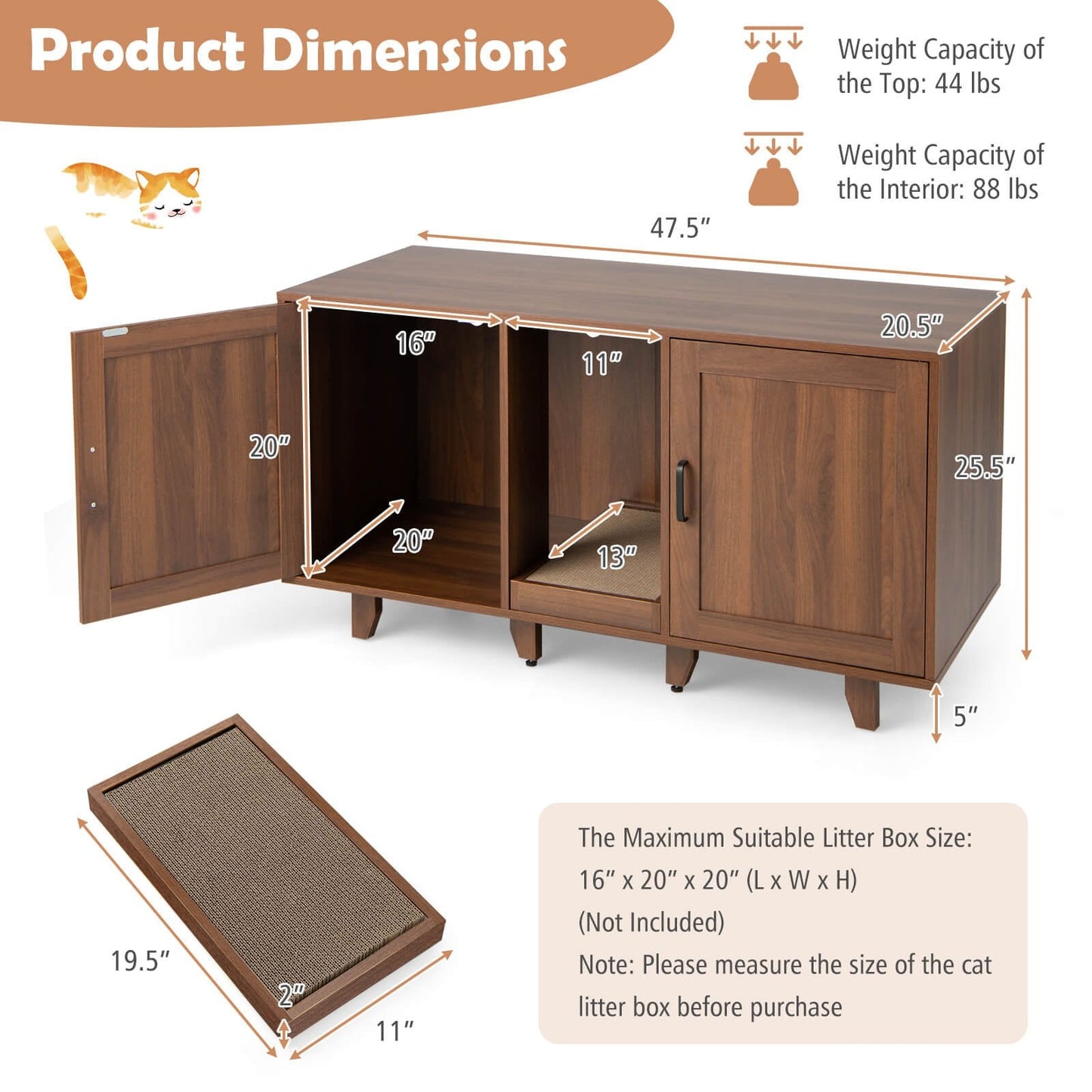 2-Door Cat Litter Box Enclosure with Winding Entry and Scratching Board, Brown Cat Houses   at Gallery Canada