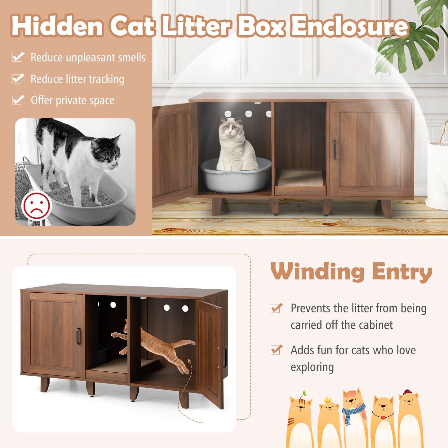 2-Door Cat Litter Box Enclosure with Winding Entry and Scratching Board, Brown Cat Houses   at Gallery Canada