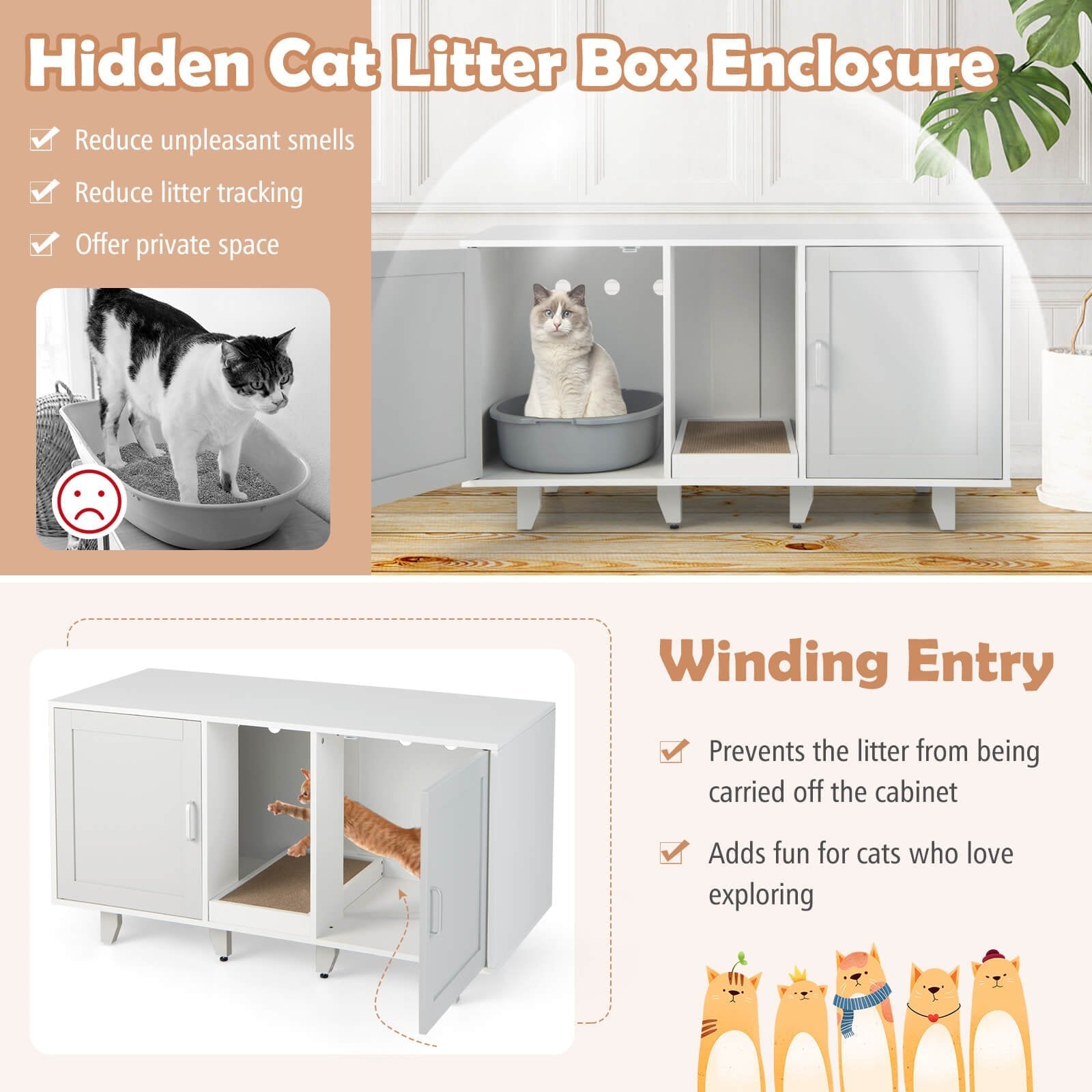 2-Door Cat Litter Box Enclosure with Winding Entry and Scratching Board, Gray Cat Houses   at Gallery Canada