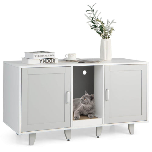 2-Door Cat Litter Box Enclosure with Winding Entry and Scratching Board, Gray