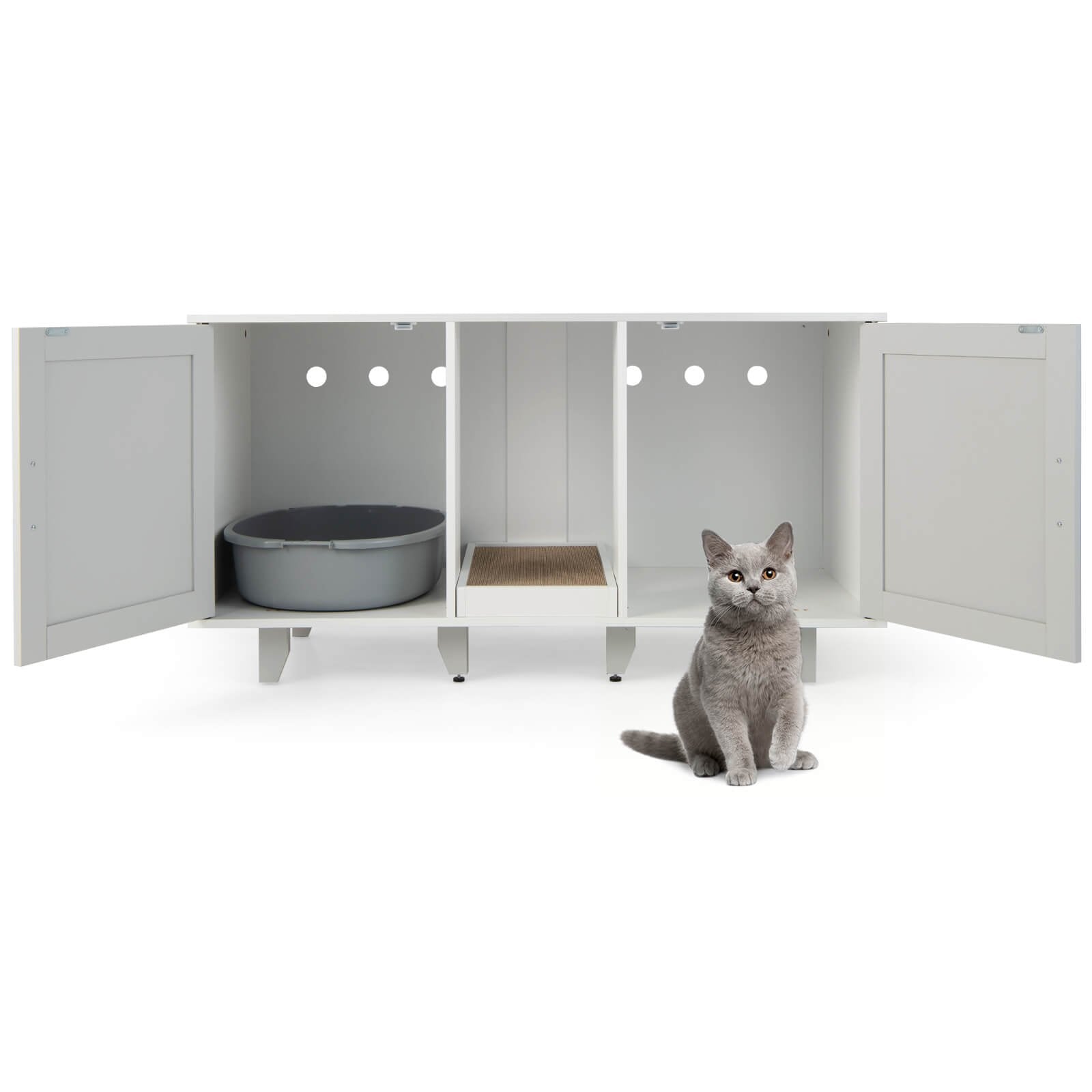 2-Door Cat Litter Box Enclosure with Winding Entry and Scratching Board, Gray Cat Houses   at Gallery Canada