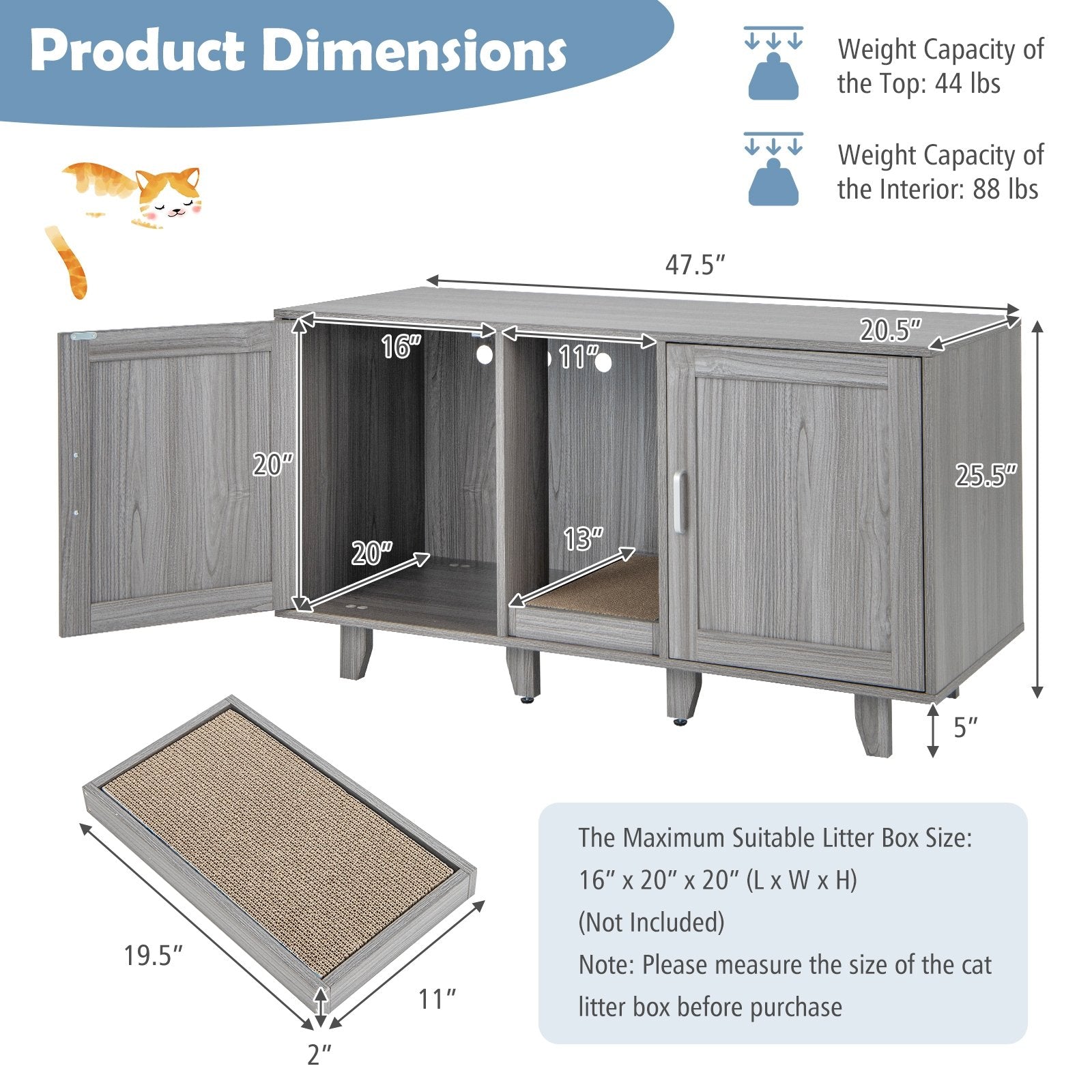 2-Door Cat Litter Box Enclosure with Winding Entry and Scratching Board, Oak Cat Houses   at Gallery Canada