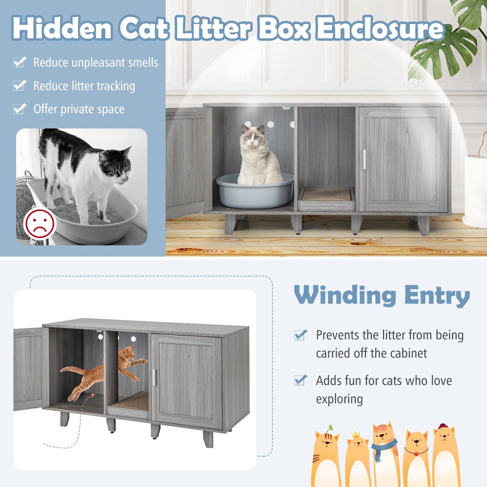 2-Door Cat Litter Box Enclosure with Winding Entry and Scratching Board, Oak Cat Houses   at Gallery Canada