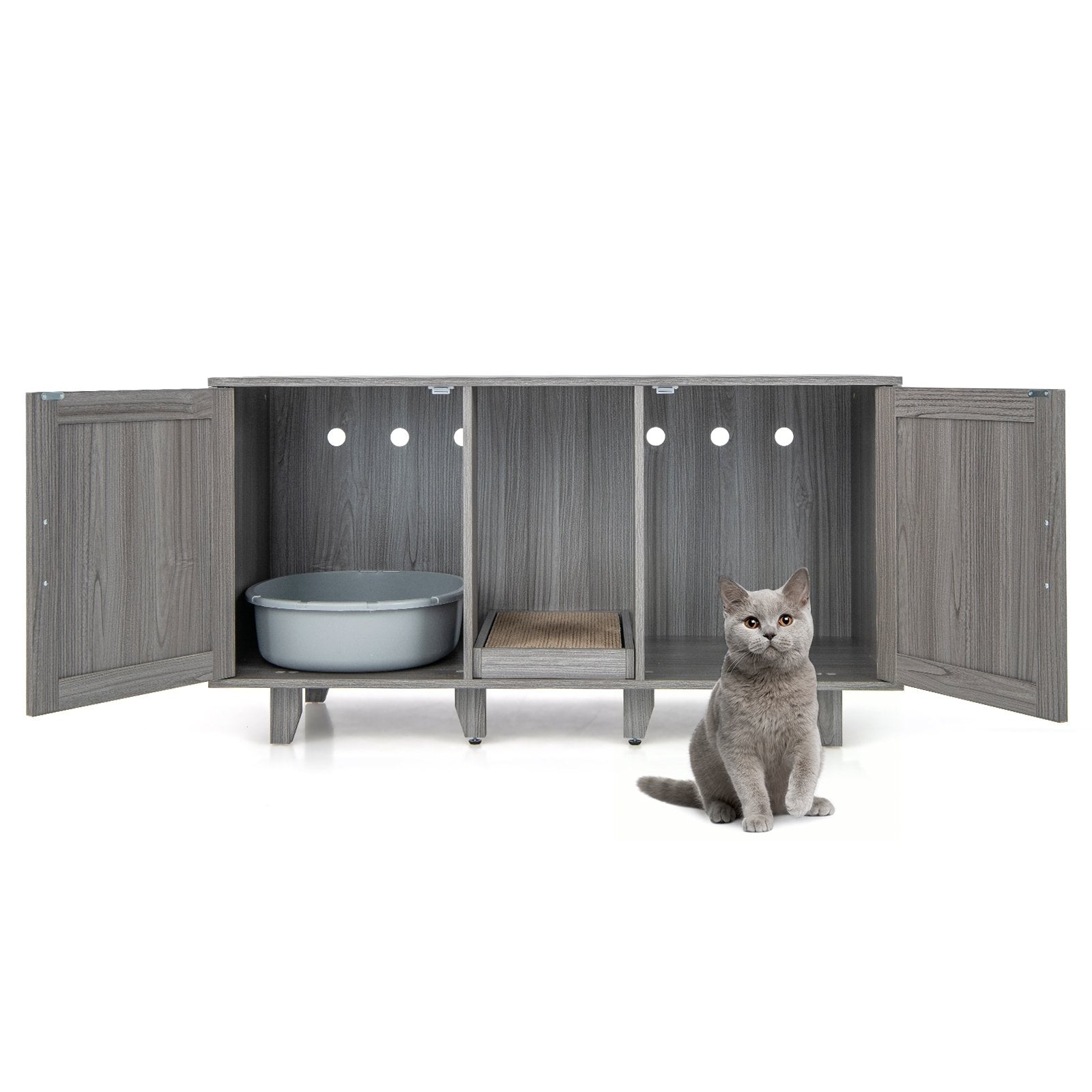 2-Door Cat Litter Box Enclosure with Winding Entry and Scratching Board, Oak Cat Houses   at Gallery Canada