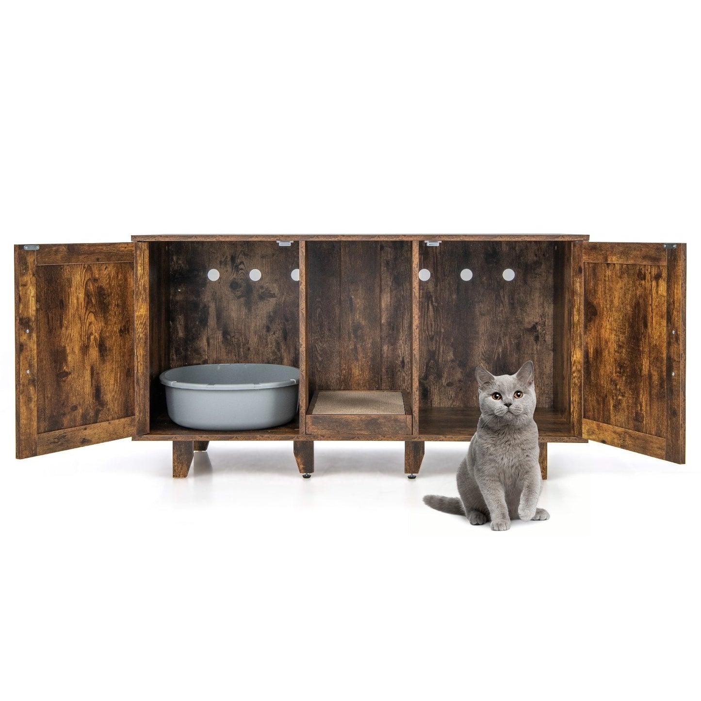 2-Door Cat Litter Box Enclosure with Winding Entry and Scratching Board, Rustic Brown Cat Houses   at Gallery Canada