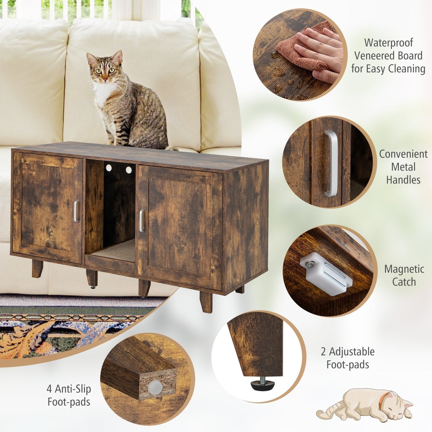 2-Door Cat Litter Box Enclosure with Winding Entry and Scratching Board, Rustic Brown Cat Houses   at Gallery Canada