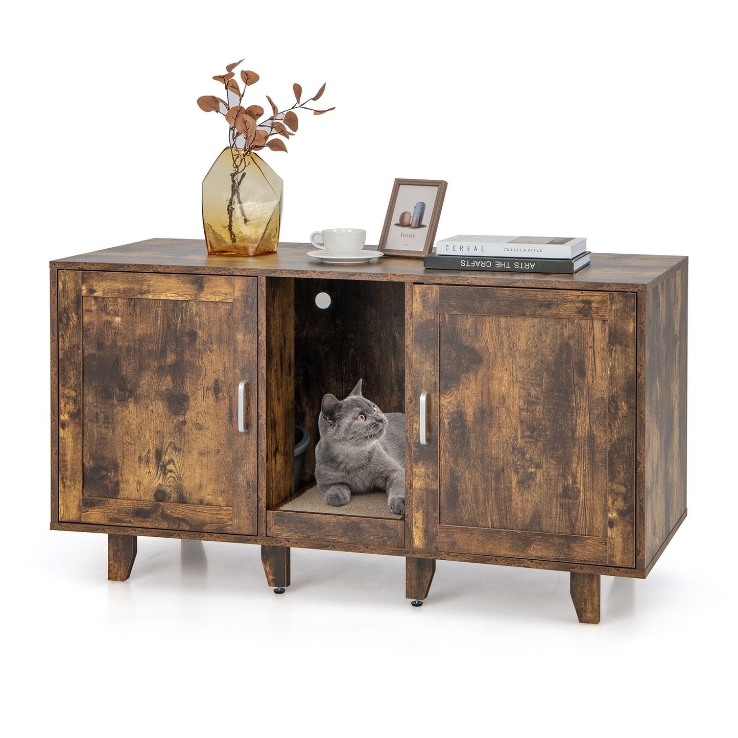 2-Door Cat Litter Box Enclosure with Winding Entry and Scratching Board, Rustic Brown Cat Houses   at Gallery Canada