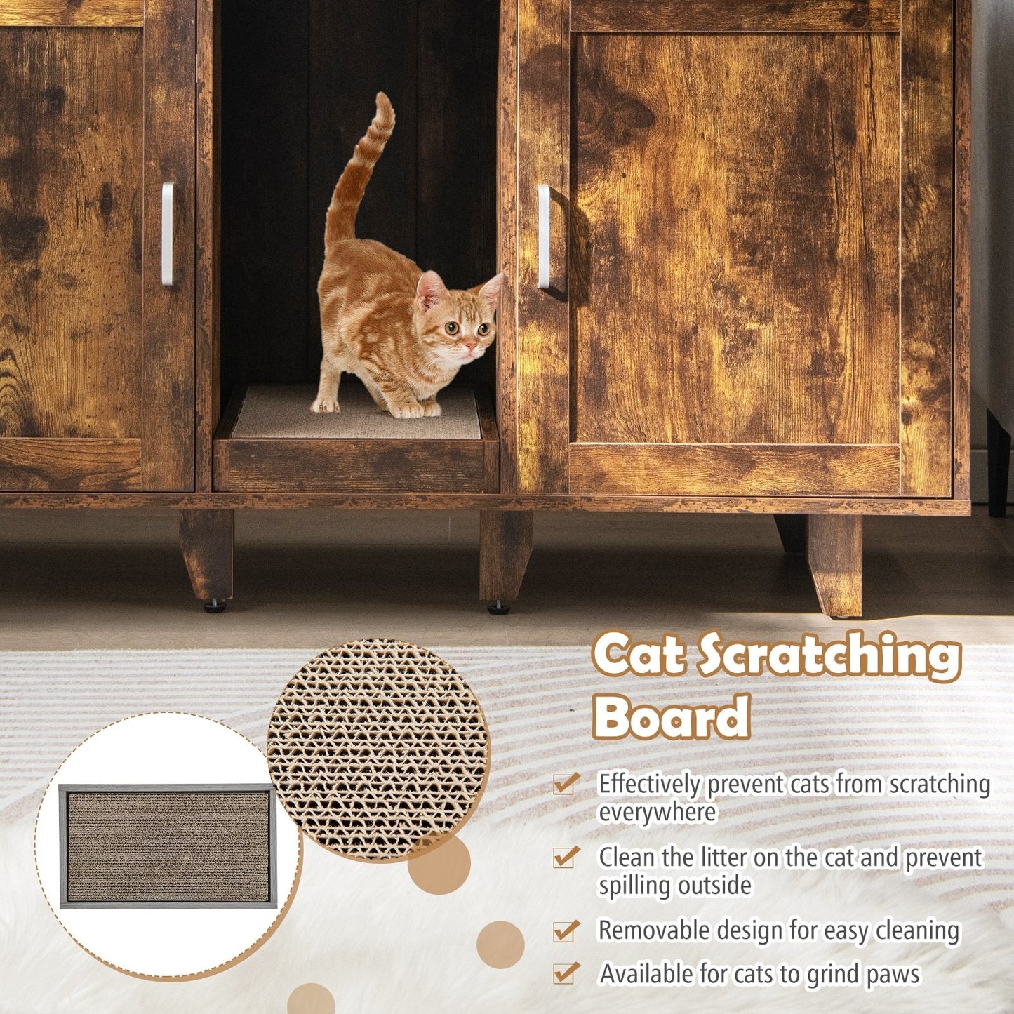 2-Door Cat Litter Box Enclosure with Winding Entry and Scratching Board, Rustic Brown Cat Houses   at Gallery Canada