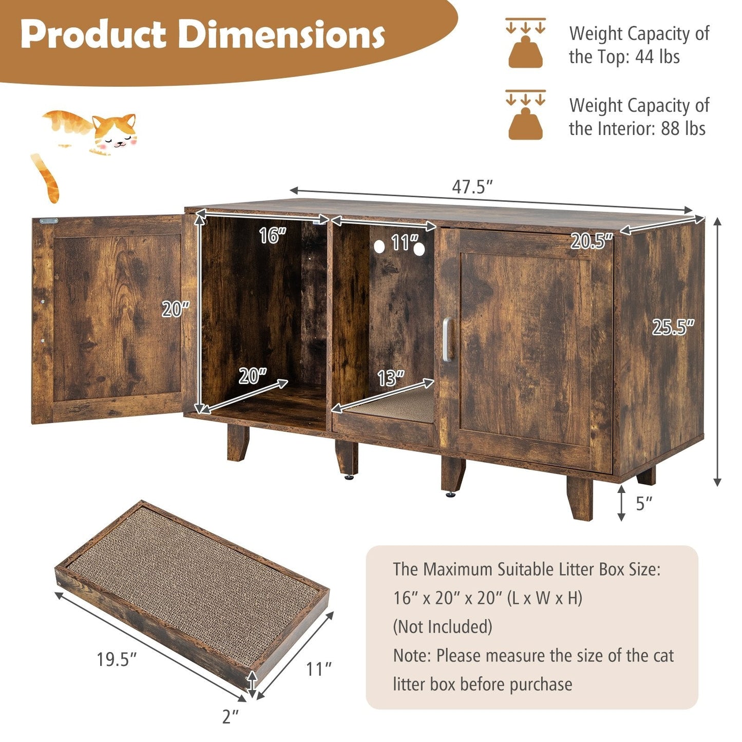 2-Door Cat Litter Box Enclosure with Winding Entry and Scratching Board, Rustic Brown Cat Houses   at Gallery Canada