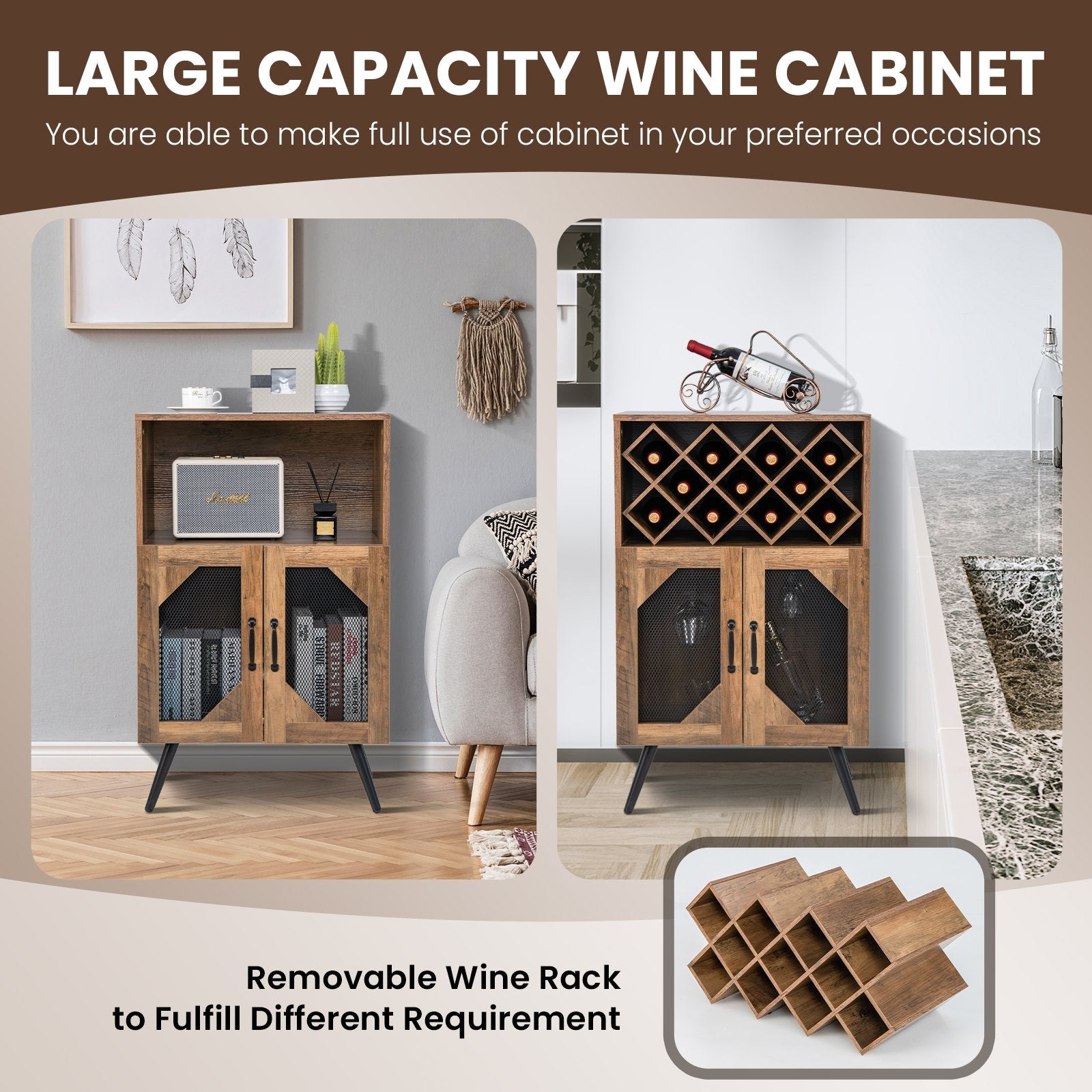 2-Door Farmhouse Kitchen Storage Bar Cabinet with Wine Rack and Glass Holder, Brown Sideboards Cabinets & Buffets   at Gallery Canada