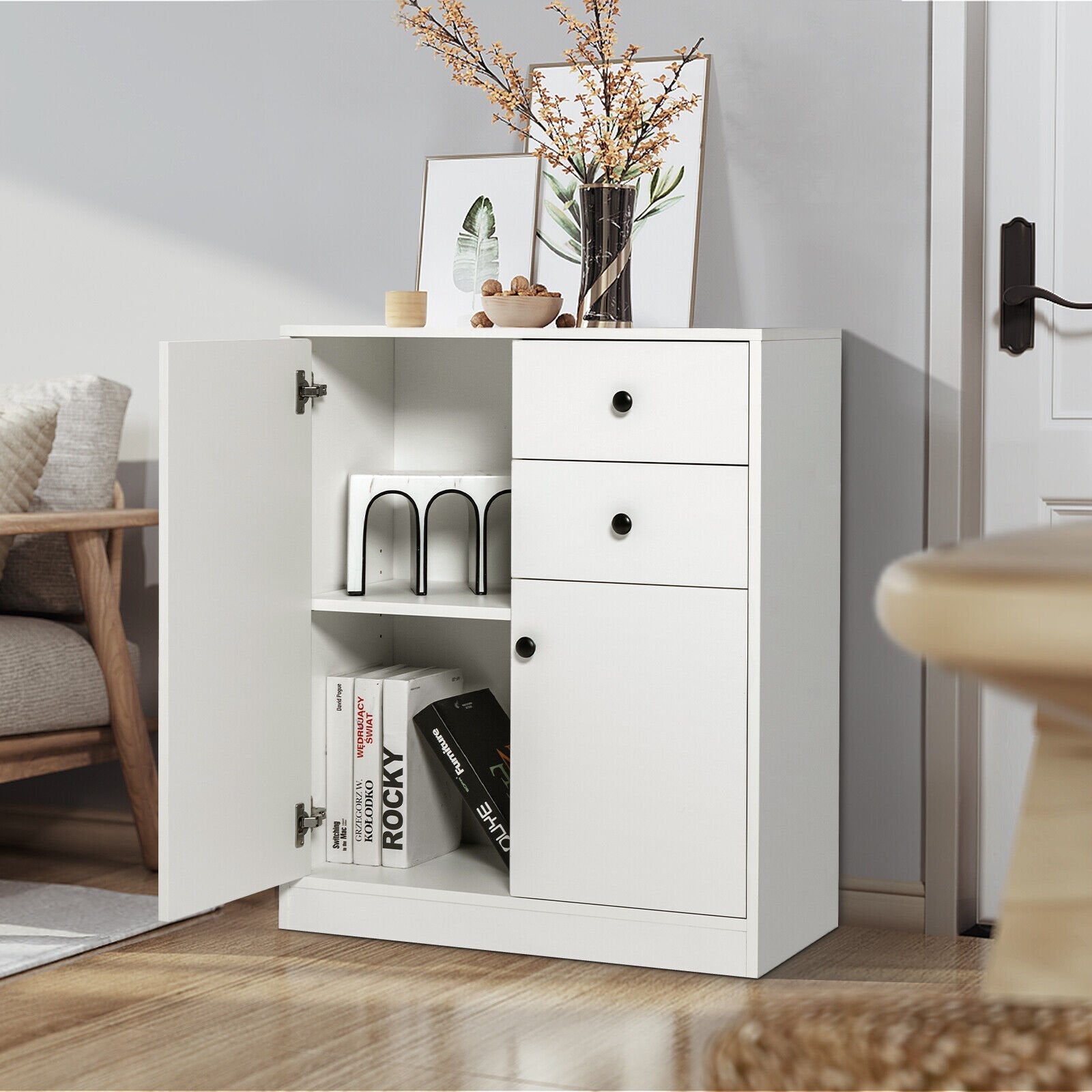 2-Door Free-standing Kitchen Sideboard with Adjustable Shelves, White Floor Cabinets   at Gallery Canada