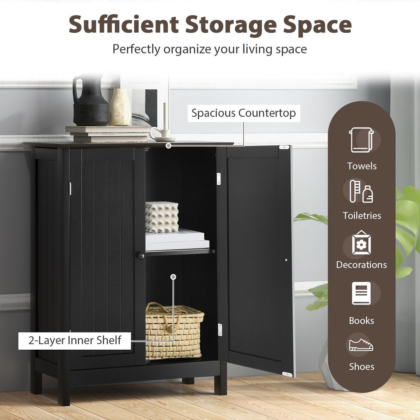 2-Door Freee-Standing Bathroom Cabinet with Shelf, Black Floor Cabinets   at Gallery Canada