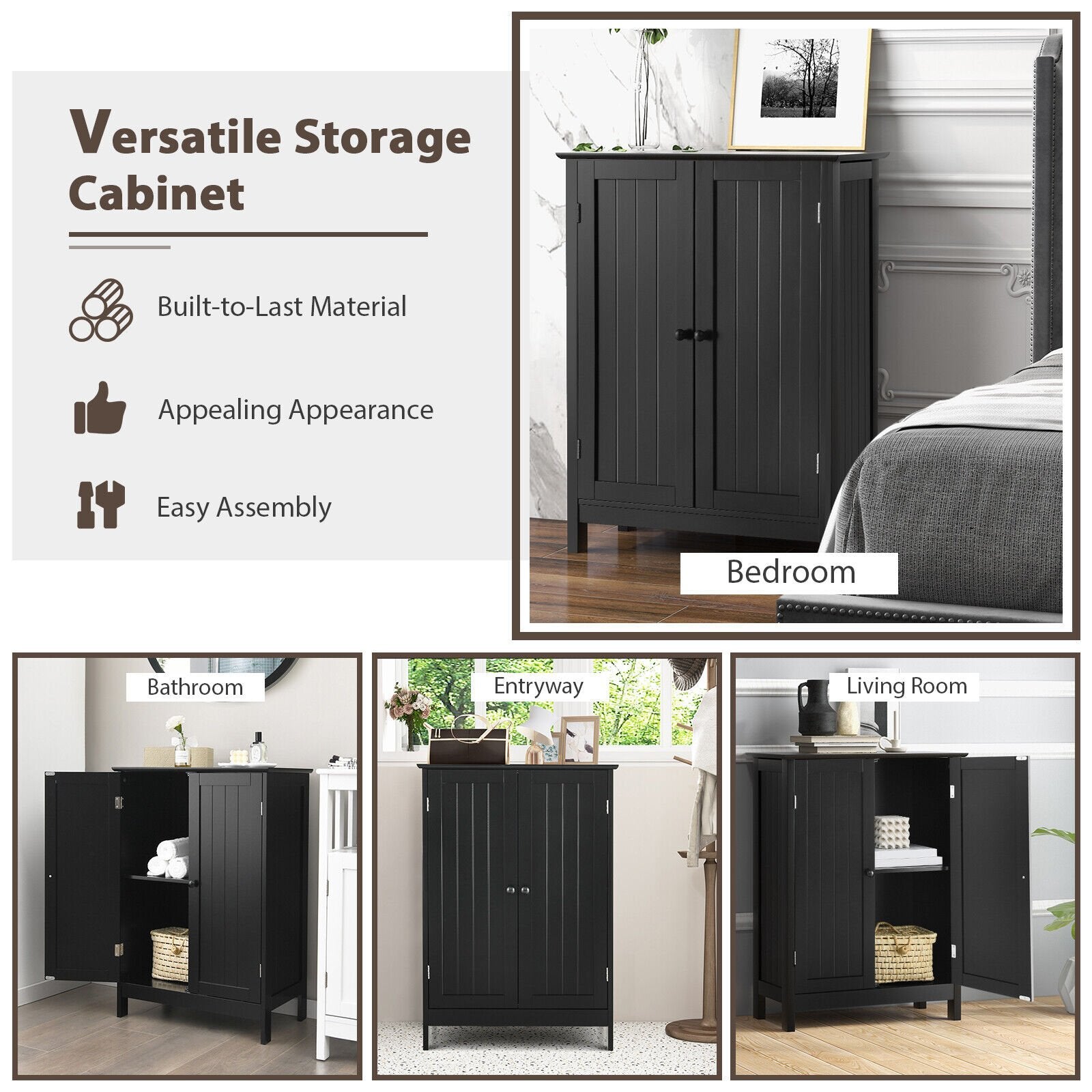 2-Door Freee-Standing Bathroom Cabinet with Shelf, Black Floor Cabinets   at Gallery Canada