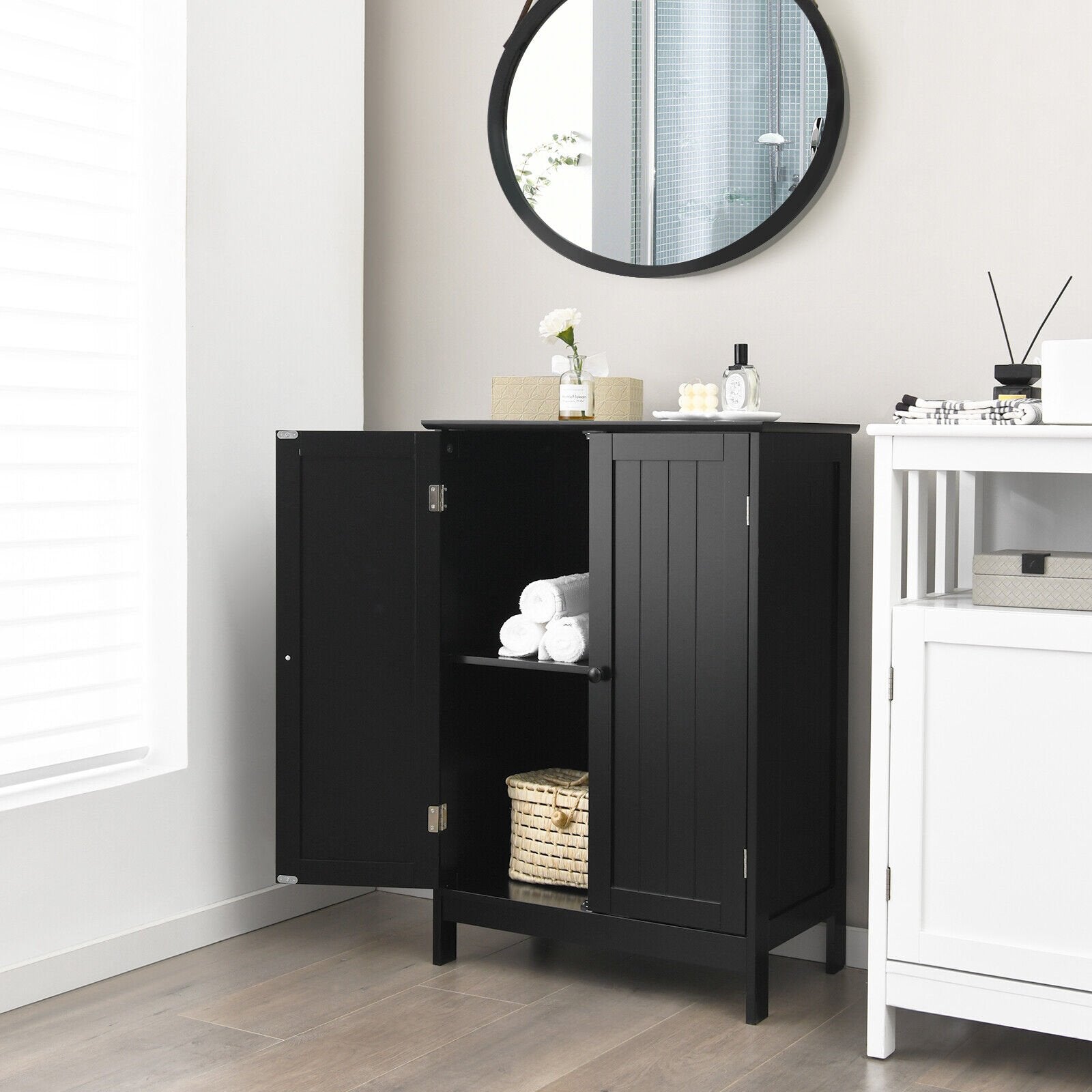 2-Door Freee-Standing Bathroom Cabinet with Shelf, Black Floor Cabinets   at Gallery Canada