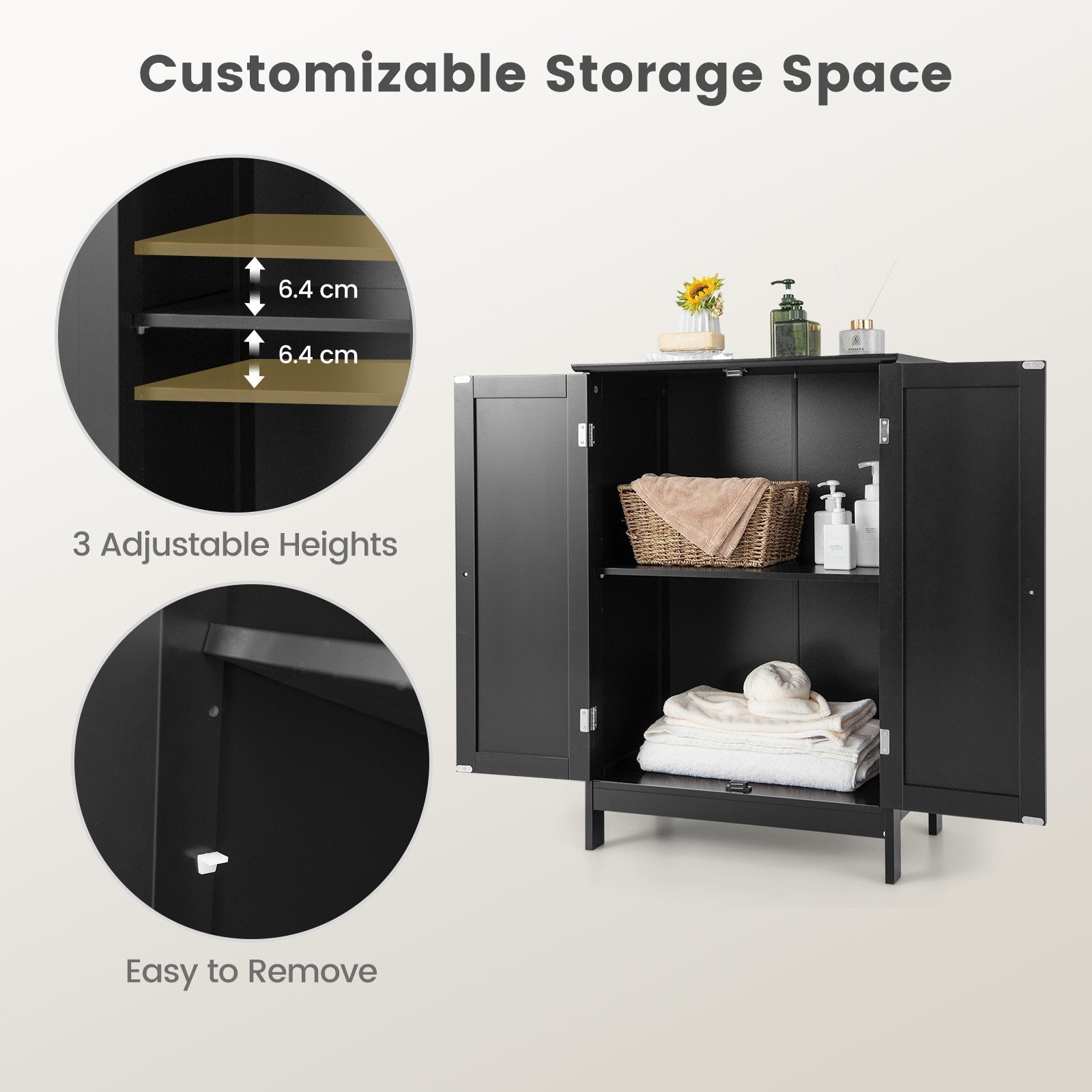 2-Door Freee-Standing Bathroom Cabinet with Shelf, Black Floor Cabinets   at Gallery Canada