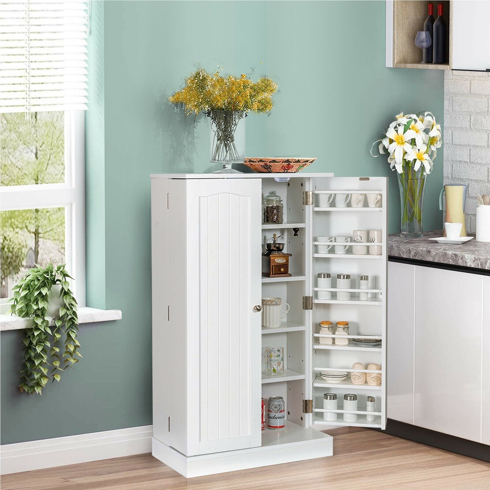 2-Door Kitchen Storage Cabinet Pantry Cabinet with 6 Adjustable Shelves, White Sideboards Cabinets & Buffets   at Gallery Canada