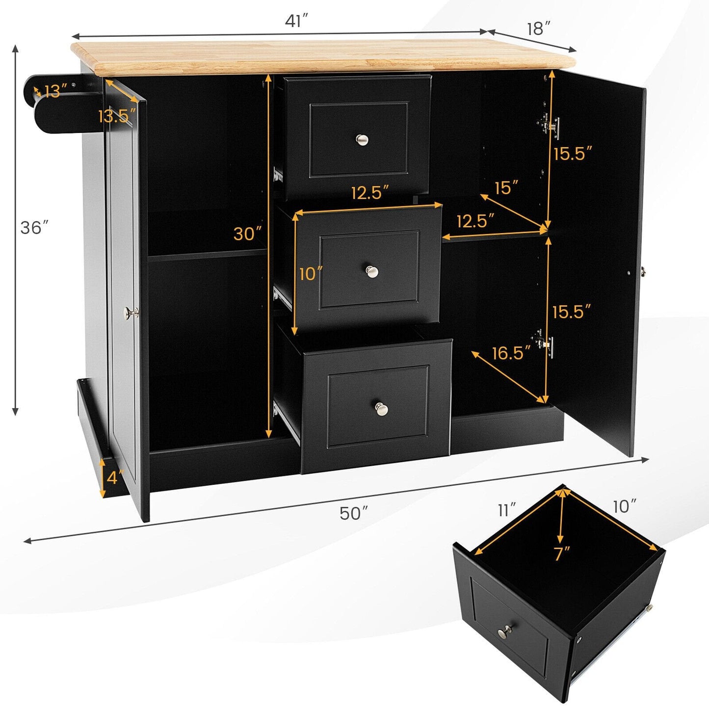 2-Door Large Mobile Kitchen Island Cart with Hidden Wheelsand 3 Drawers, Black Kitchen Islands & Carts   at Gallery Canada