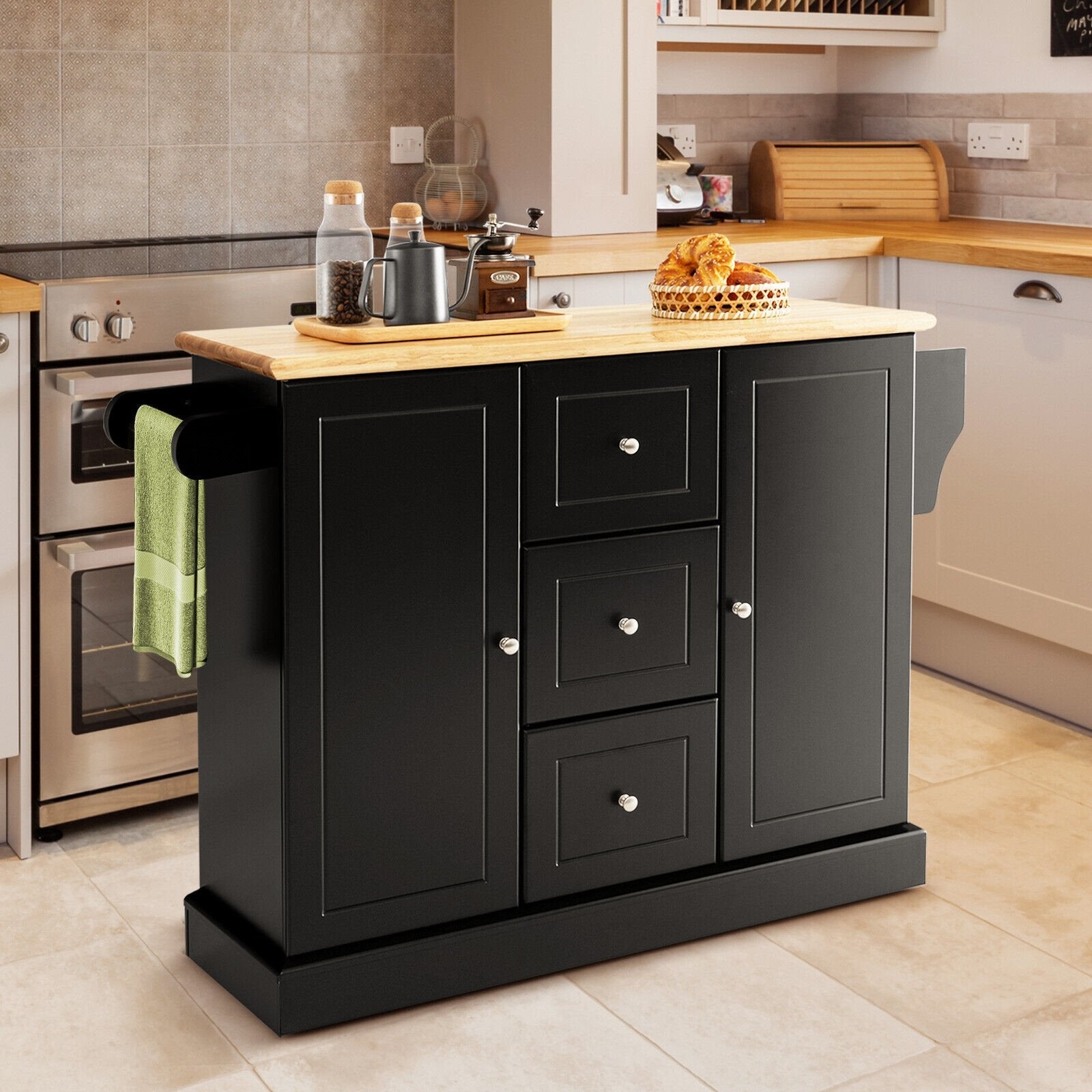 2-Door Large Mobile Kitchen Island Cart with Hidden Wheelsand 3 Drawers, Black Kitchen Islands & Carts   at Gallery Canada