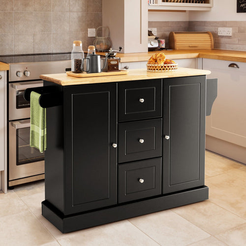 2-Door Large Mobile Kitchen Island Cart with Hidden Wheelsand 3 Drawers, Black