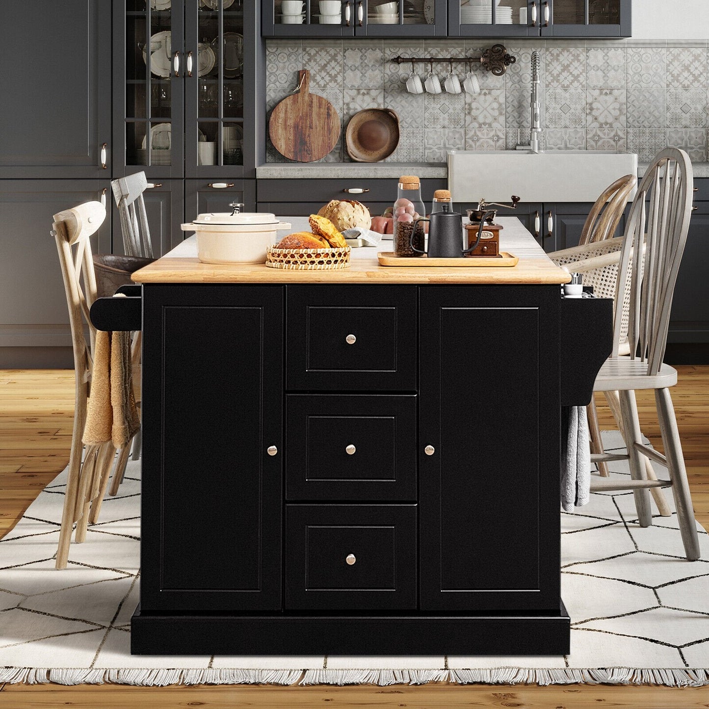 2-Door Large Mobile Kitchen Island Cart with Hidden Wheelsand 3 Drawers, Black Kitchen Islands & Carts   at Gallery Canada