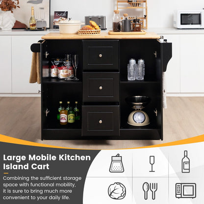 2-Door Large Mobile Kitchen Island Cart with Hidden Wheelsand 3 Drawers, Black Kitchen Islands & Carts   at Gallery Canada