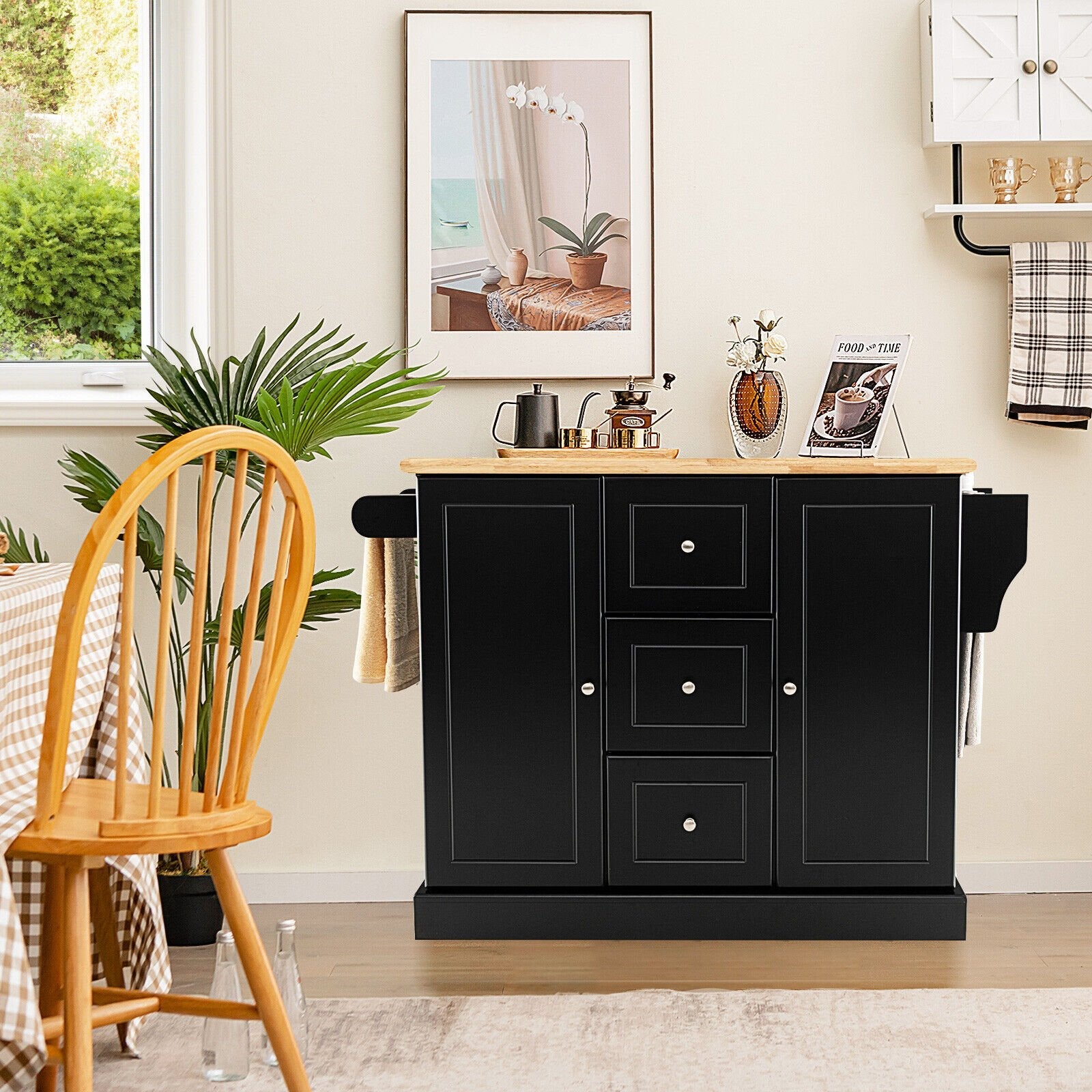 2-Door Large Mobile Kitchen Island Cart with Hidden Wheelsand 3 Drawers, Black Kitchen Islands & Carts   at Gallery Canada