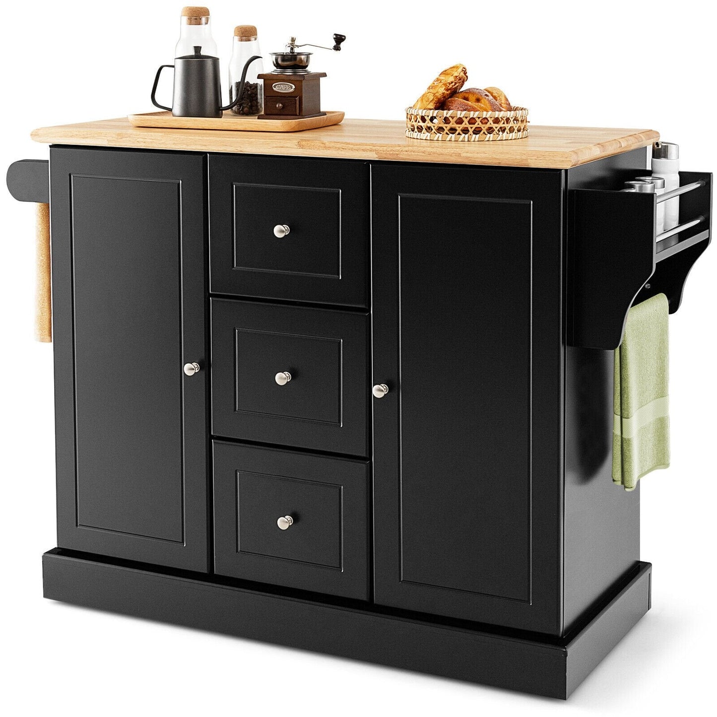 2-Door Large Mobile Kitchen Island Cart with Hidden Wheelsand 3 Drawers, Black Kitchen Islands & Carts   at Gallery Canada