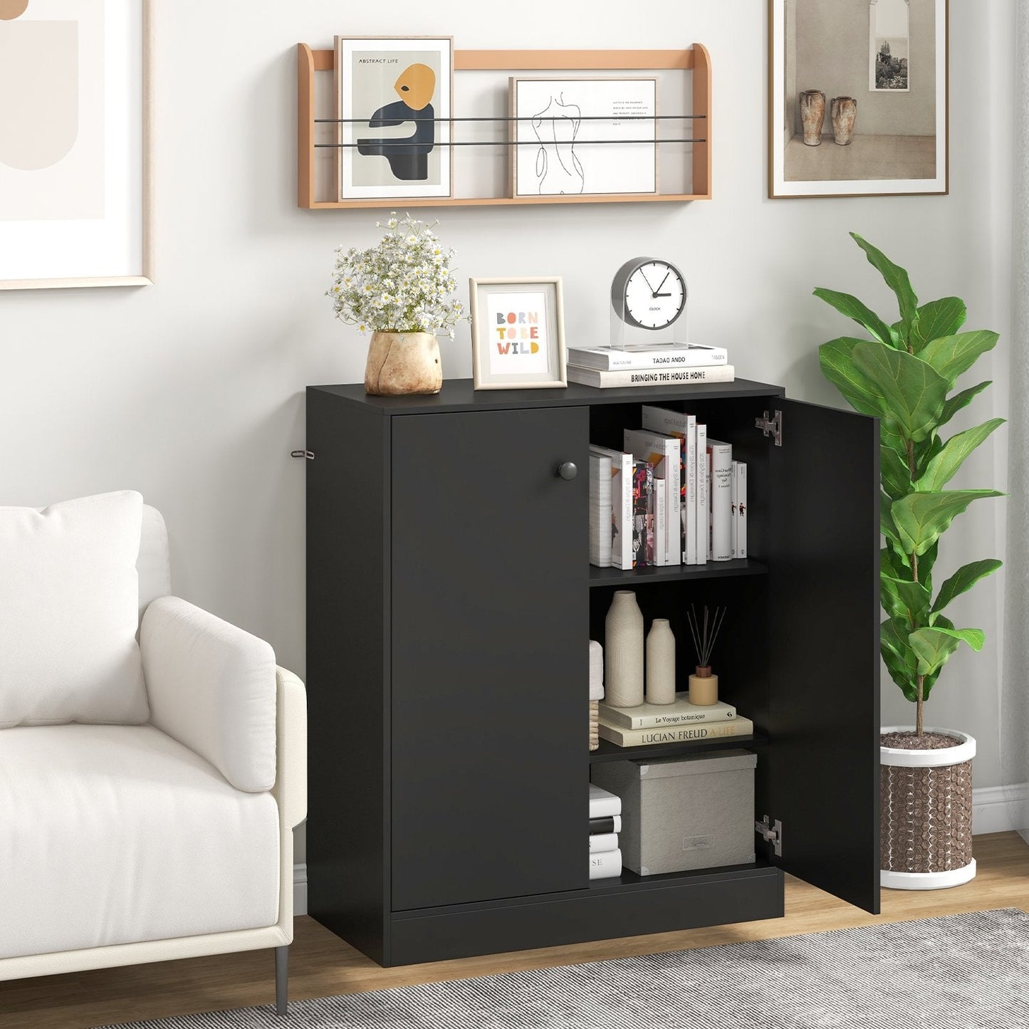 2-Door Modern Floor Storage Cabinet with 3-Tier Shelf, Black Cabinets & Chests   at Gallery Canada