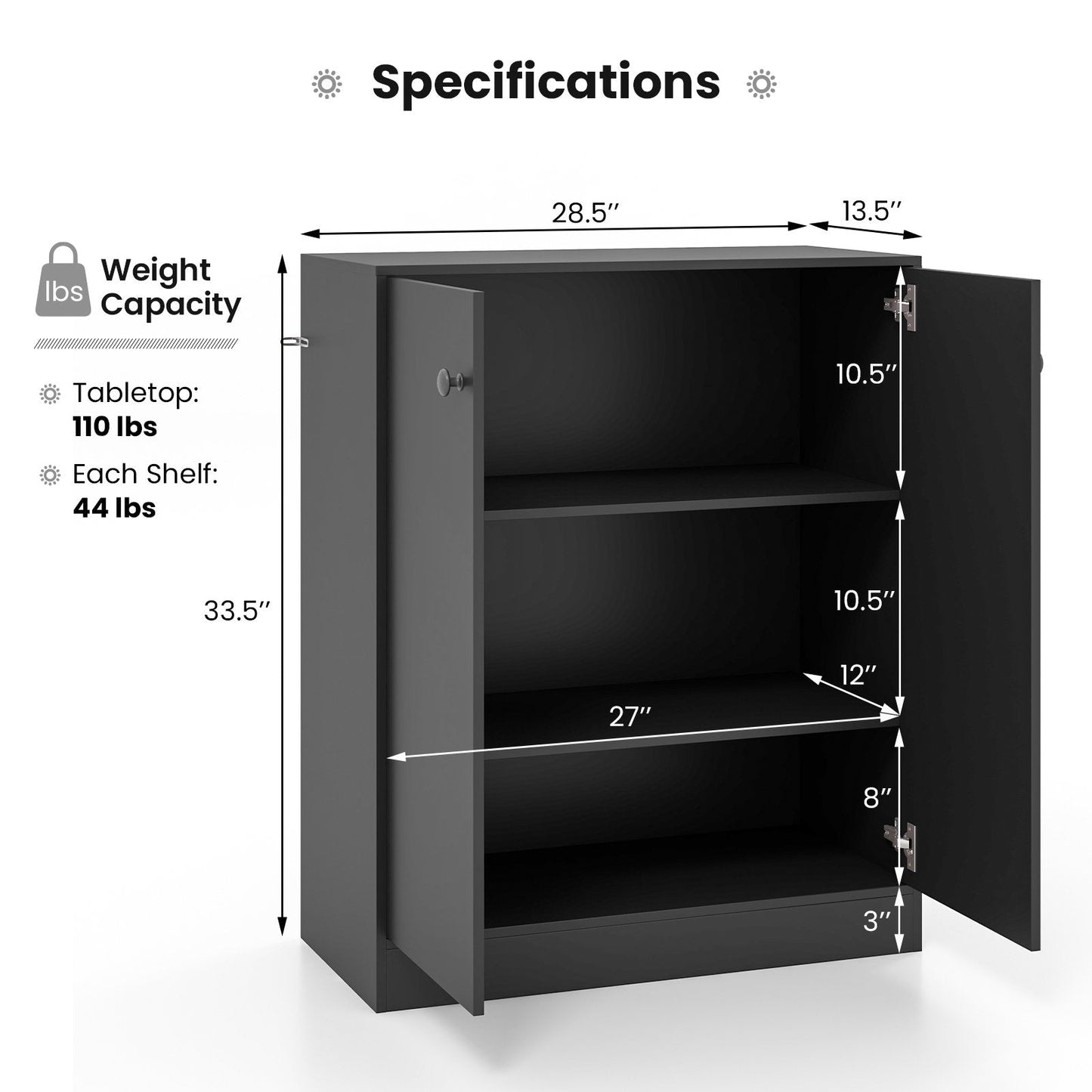 2-Door Modern Floor Storage Cabinet with 3-Tier Shelf, Black Cabinets & Chests   at Gallery Canada