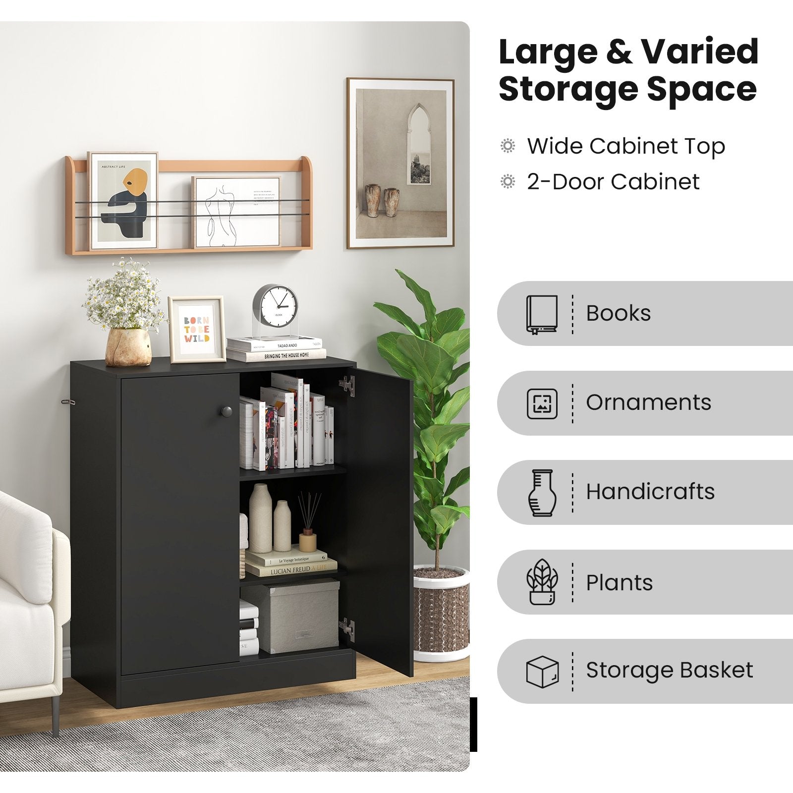 2-Door Modern Floor Storage Cabinet with 3-Tier Shelf, Black Cabinets & Chests   at Gallery Canada